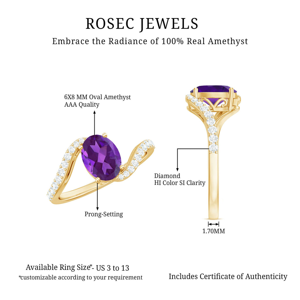 1 Carat Amethyst Oval Engagement Ring with Diamond Bypass Shank