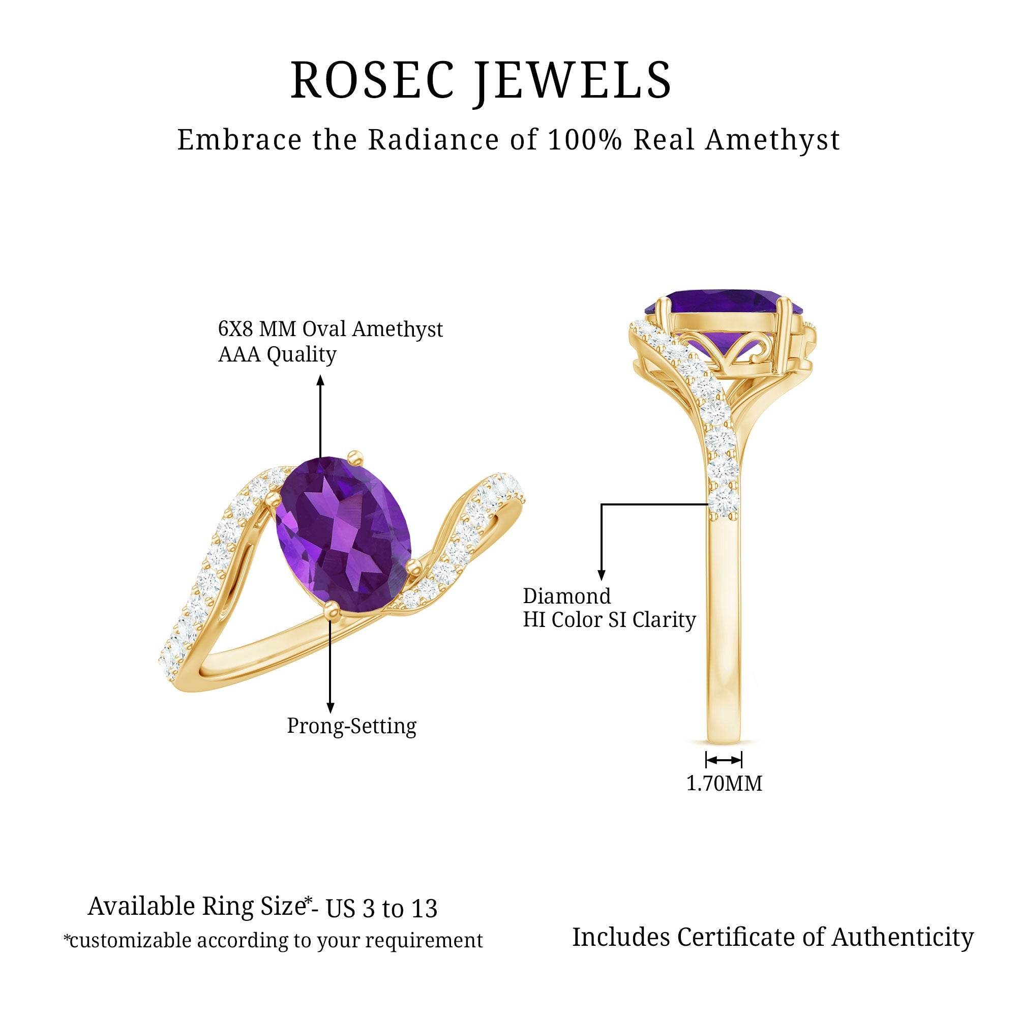 1 Carat Amethyst Oval Engagement Ring with Diamond Bypass Shank