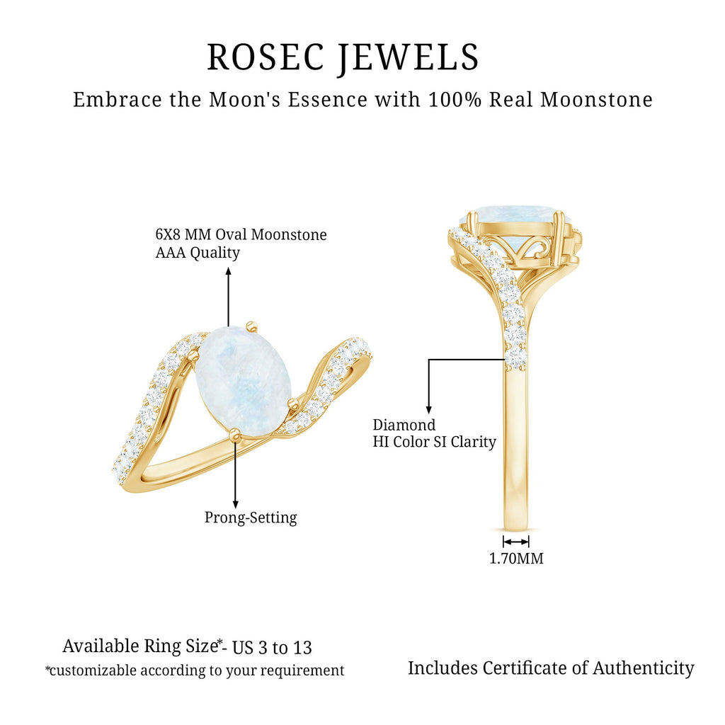 Oval Cut Solitaire Moonstone and Diamond Bypass Ring