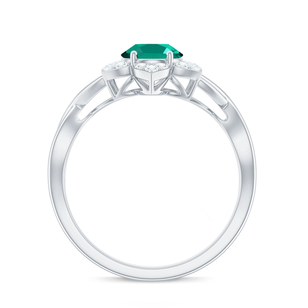 Certified Oval Lab Grown Emerald Diamond Flower Engagement Ring with Crossover Shank