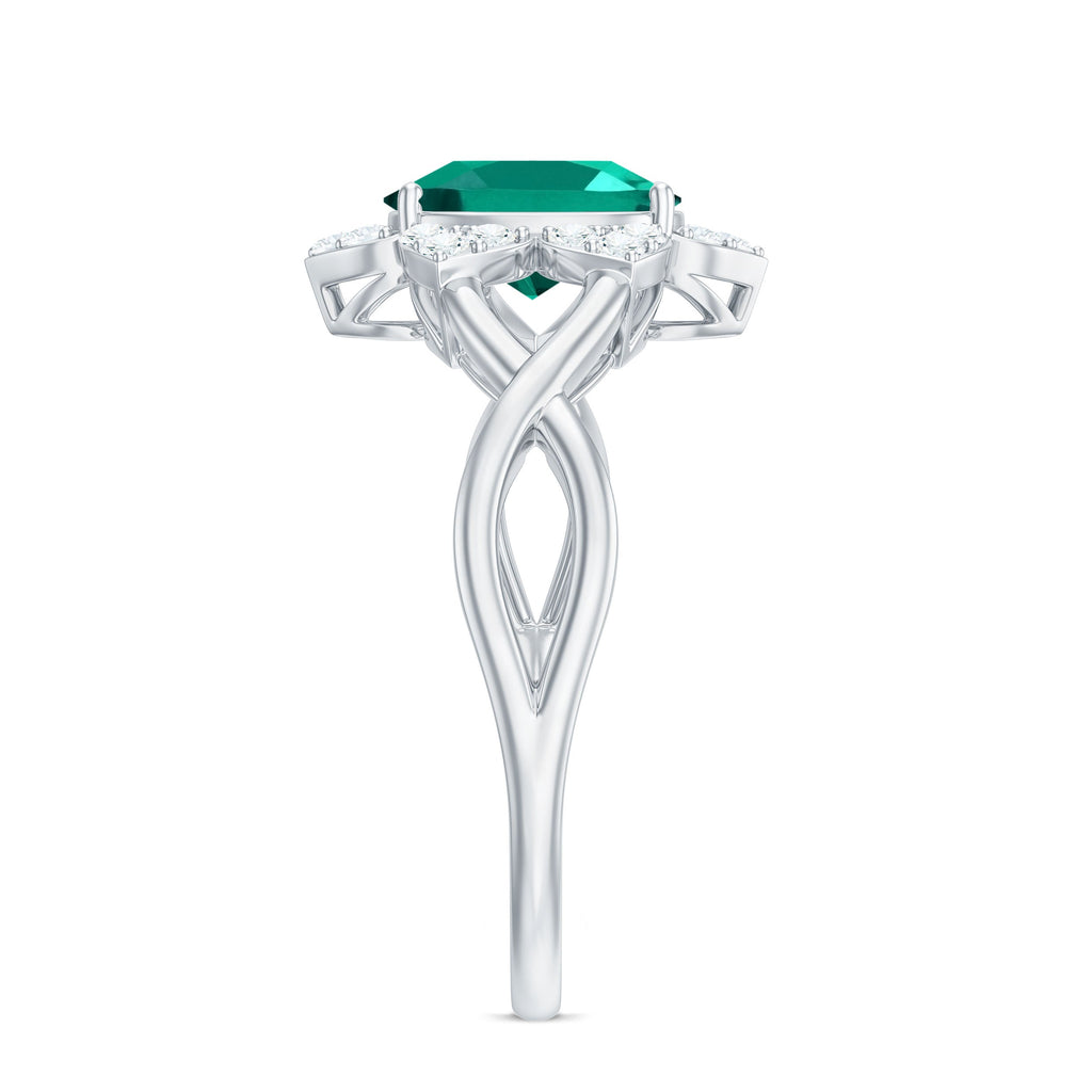 Certified Oval Lab Grown Emerald Diamond Flower Engagement Ring with Crossover Shank