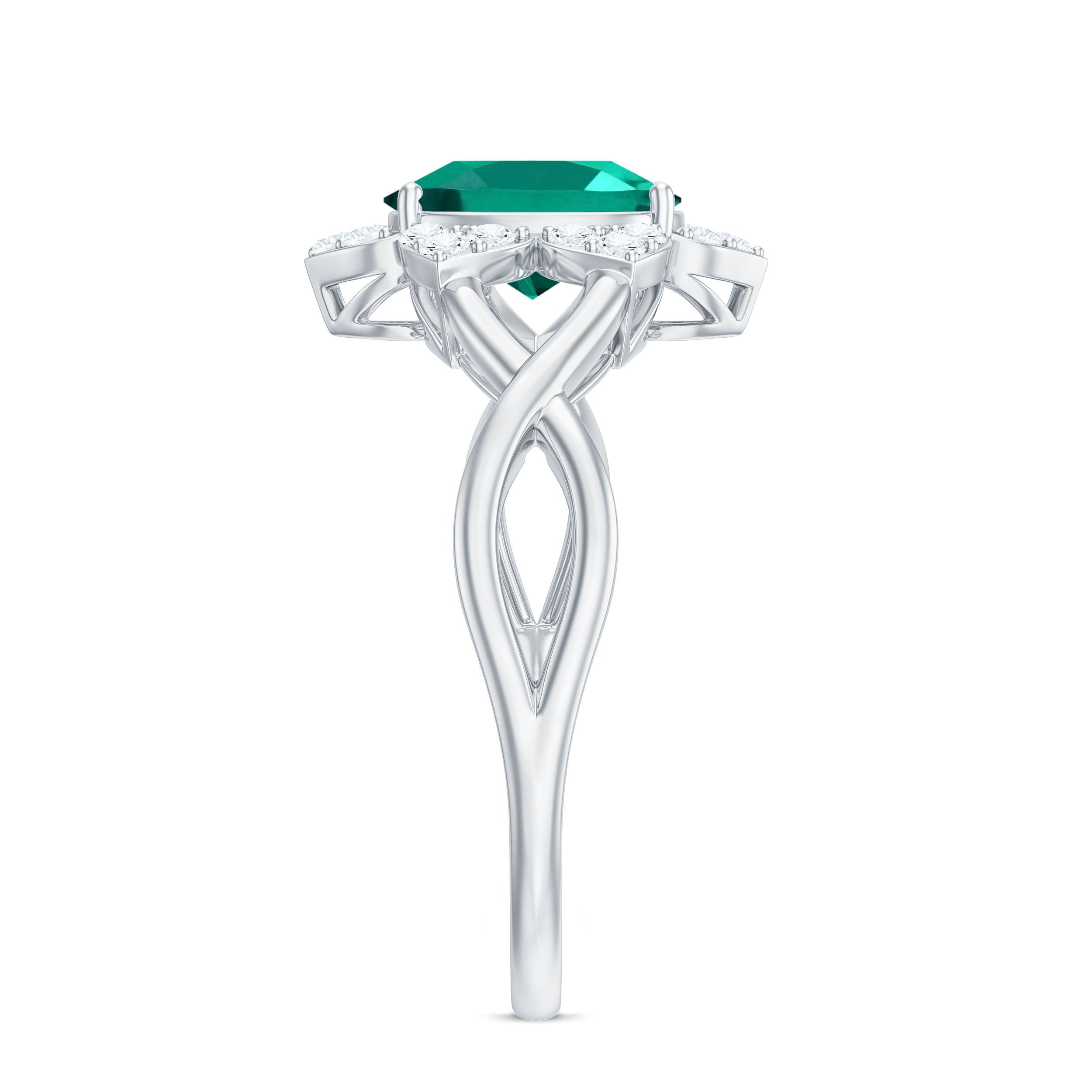 Certified Oval Lab Grown Emerald Diamond Flower Engagement Ring with Crossover Shank