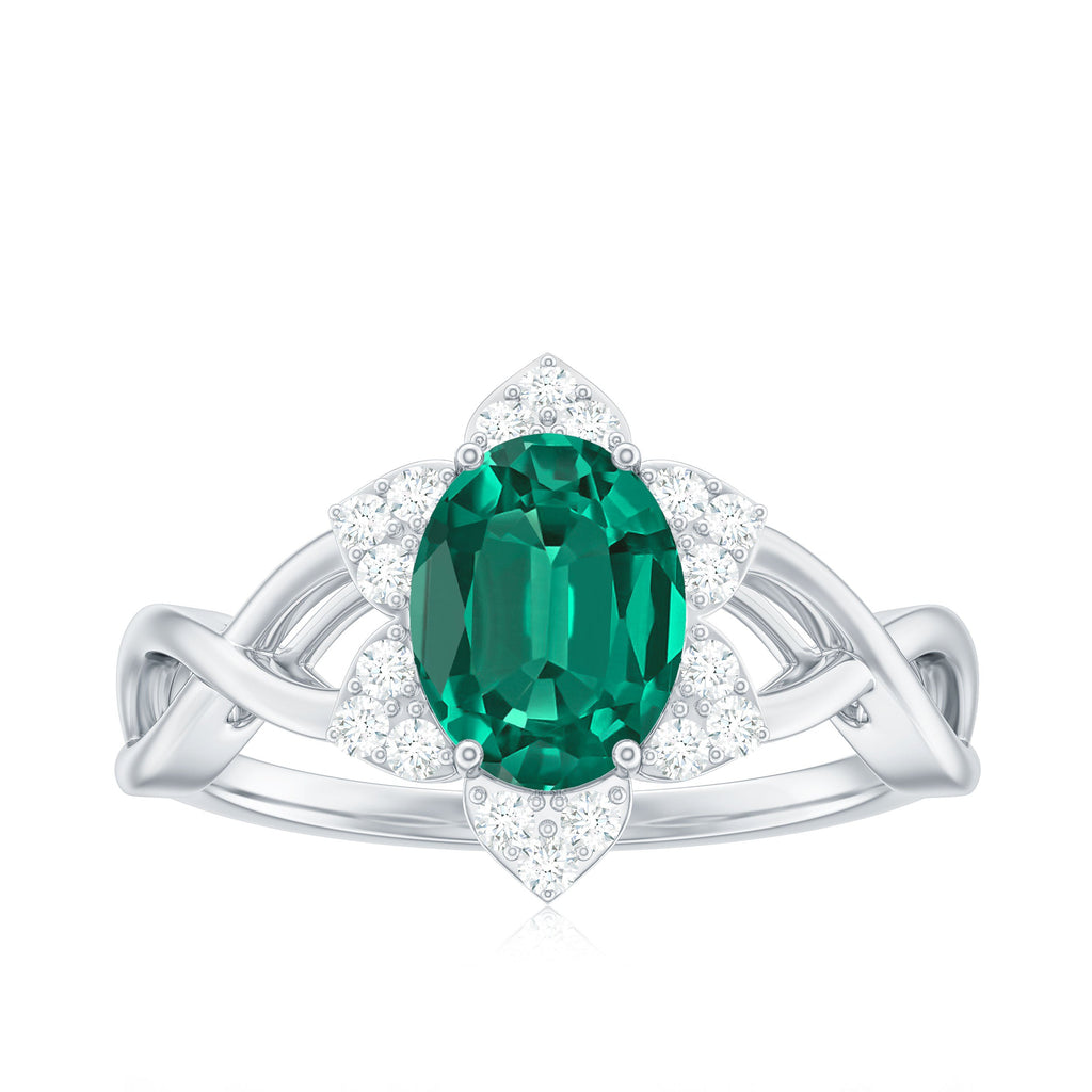 Certified Oval Lab Grown Emerald Diamond Flower Engagement Ring with Crossover Shank