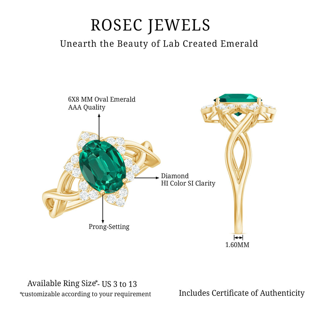 Certified Oval Lab Grown Emerald Diamond Flower Engagement Ring with Crossover Shank