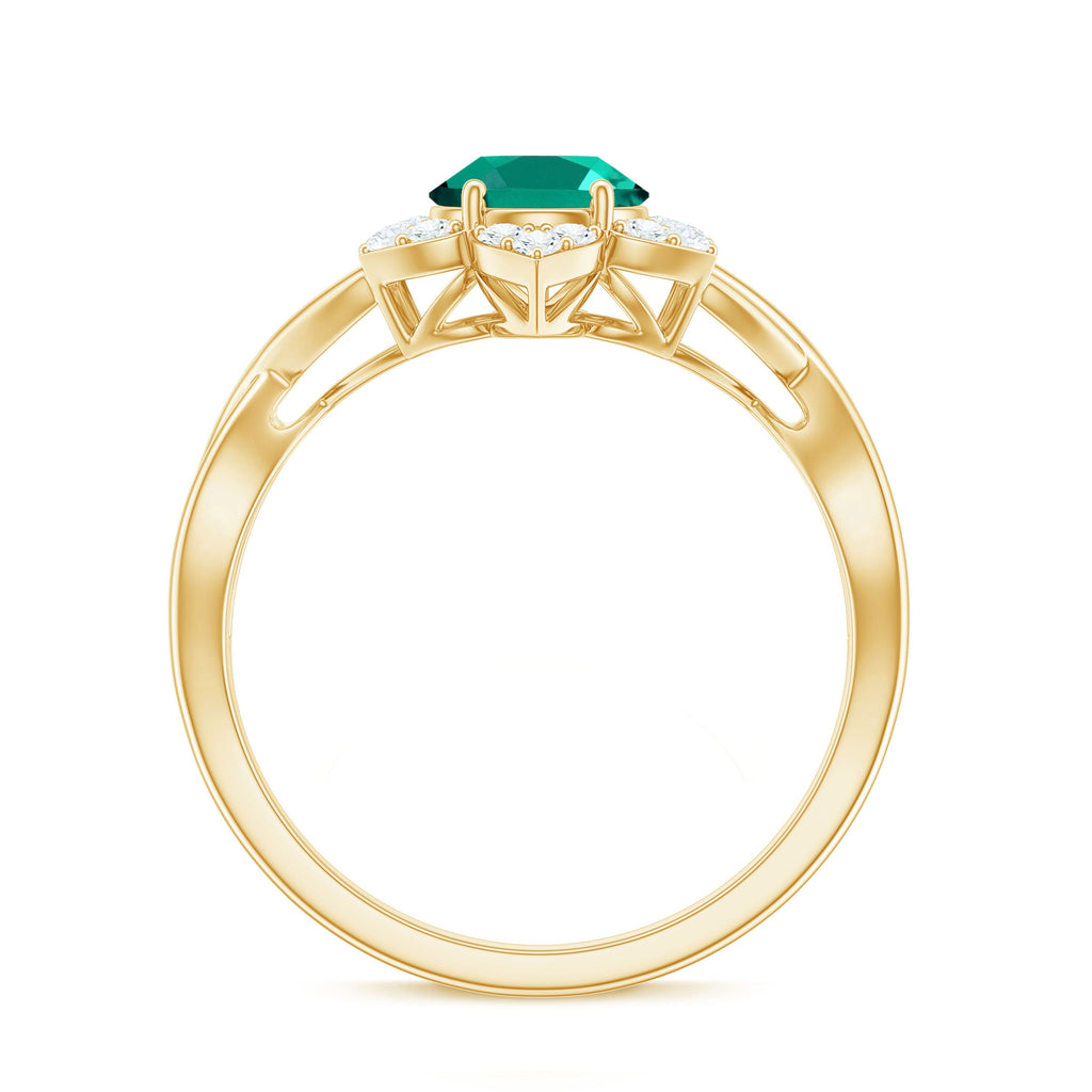 Certified Oval Lab Grown Emerald Diamond Flower Engagement Ring with Crossover Shank
