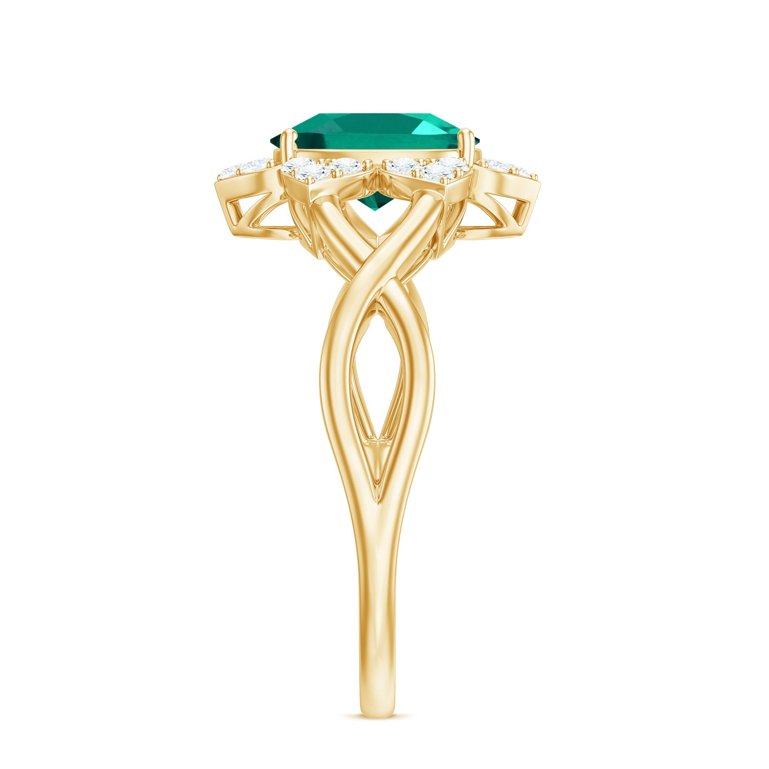 Certified Oval Lab Grown Emerald Diamond Flower Engagement Ring with Crossover Shank