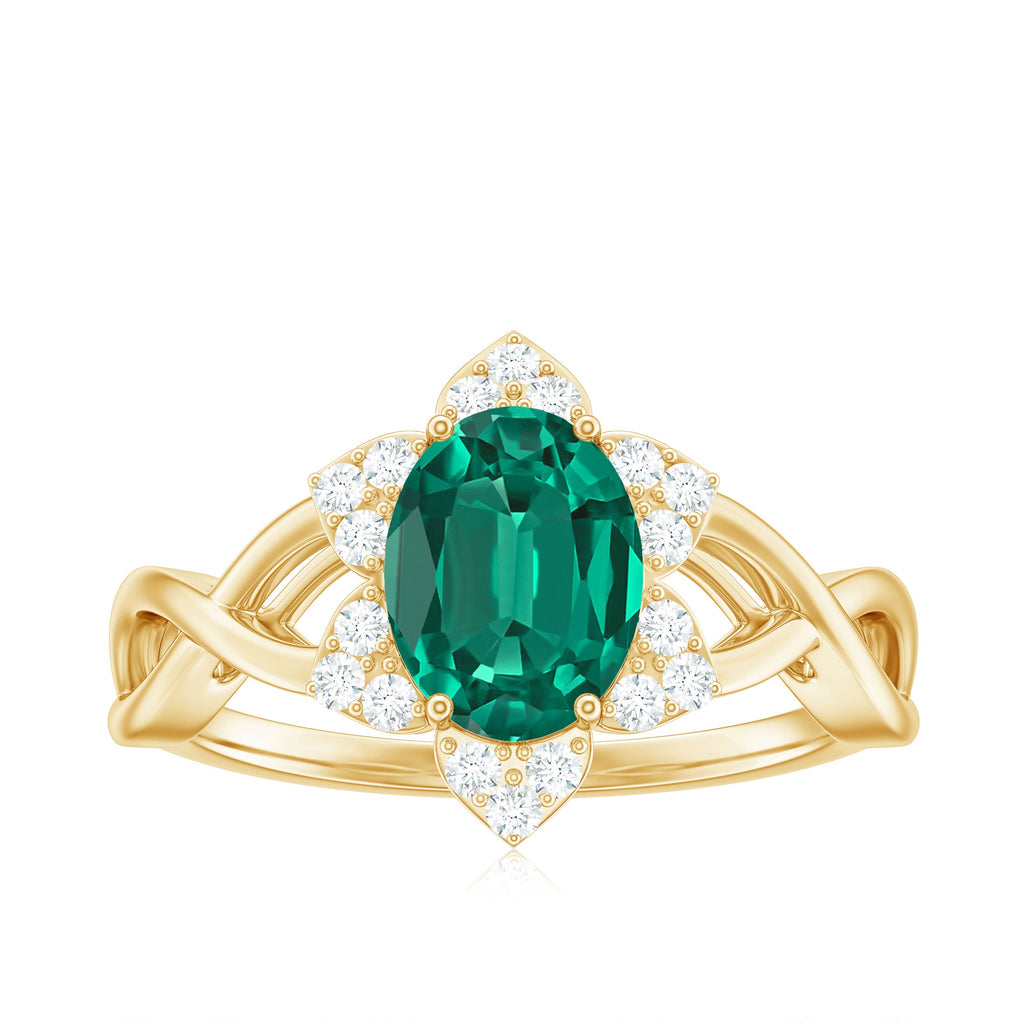 Certified Oval Lab Grown Emerald Diamond Flower Engagement Ring with Crossover Shank