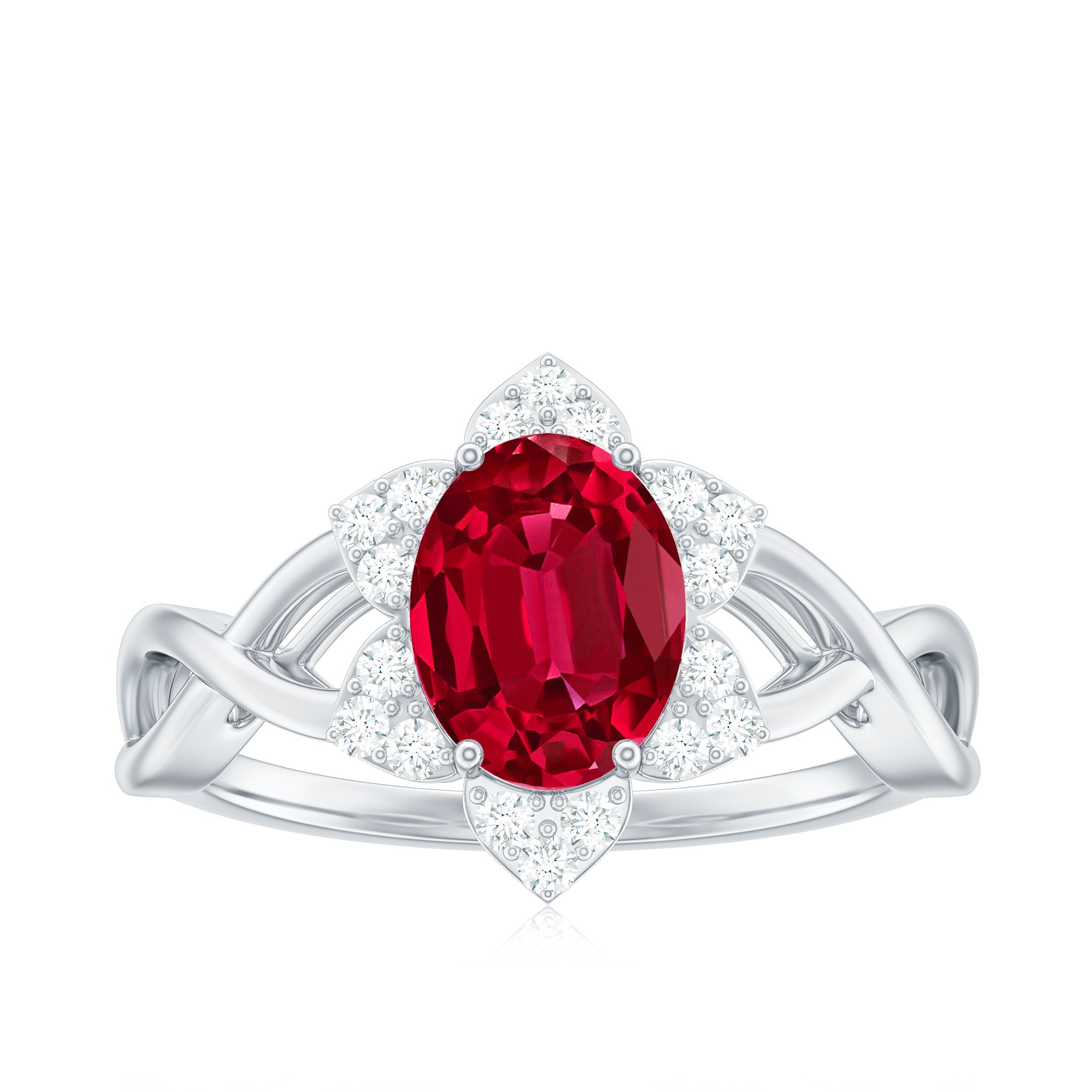 Oval Lab Grown Ruby Floral Ring with Diamond Halo