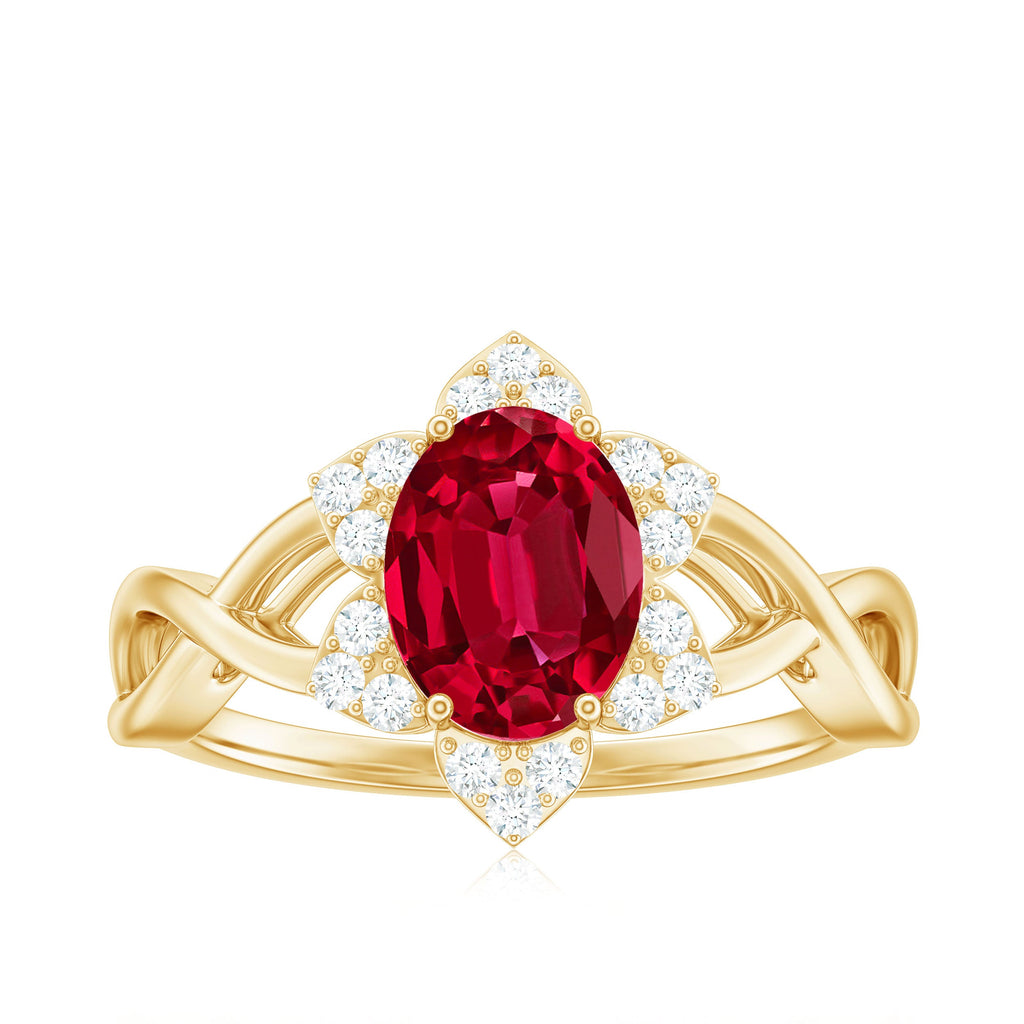 Oval Lab Grown Ruby Floral Ring with Diamond Halo