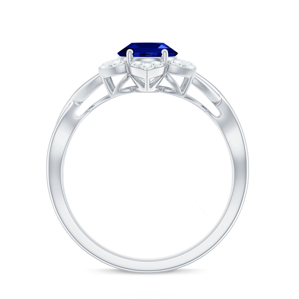 Certified 1.5 Carat Lab Grown Blue Sapphire Engagement Ring with Flower Diamond Halo
