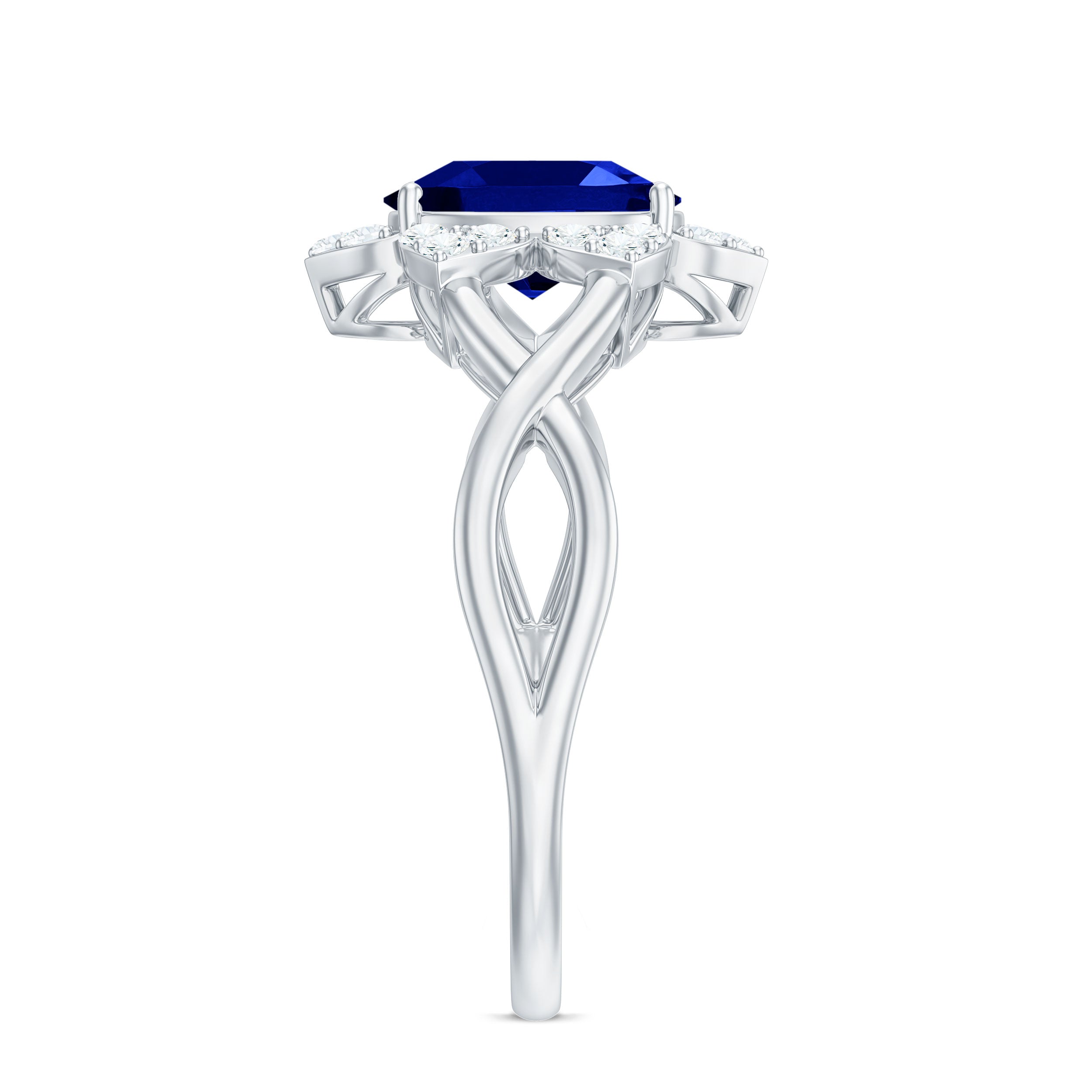 Certified 1.5 Carat Lab Grown Blue Sapphire Engagement Ring with Flower Diamond Halo