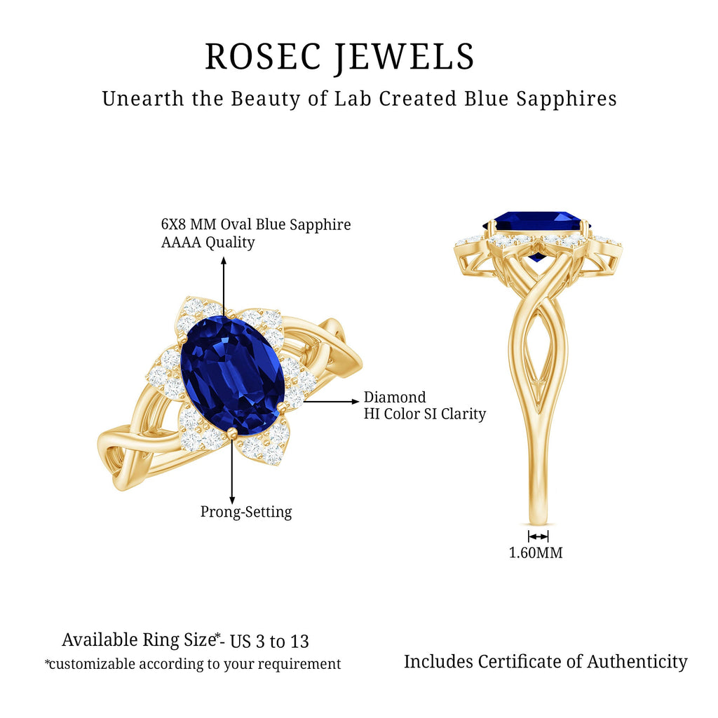 Certified 1.5 Carat Lab Grown Blue Sapphire Engagement Ring with Flower Diamond Halo