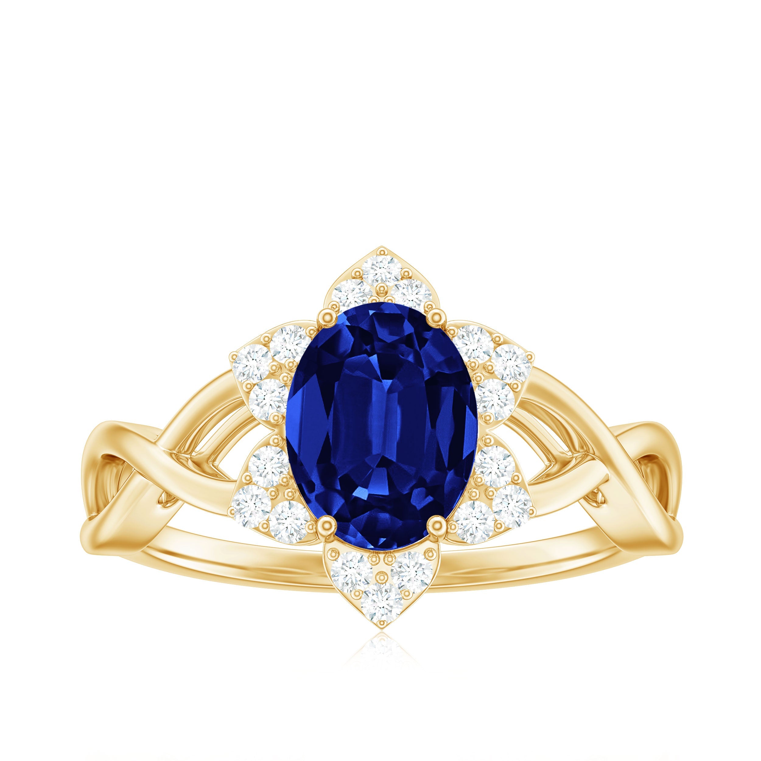 Certified 1.5 Carat Lab Grown Blue Sapphire Engagement Ring with Flower Diamond Halo