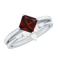 1.4 Carat Princess Cut Garnet Solitaire Bridal Ring Set with Diamonds