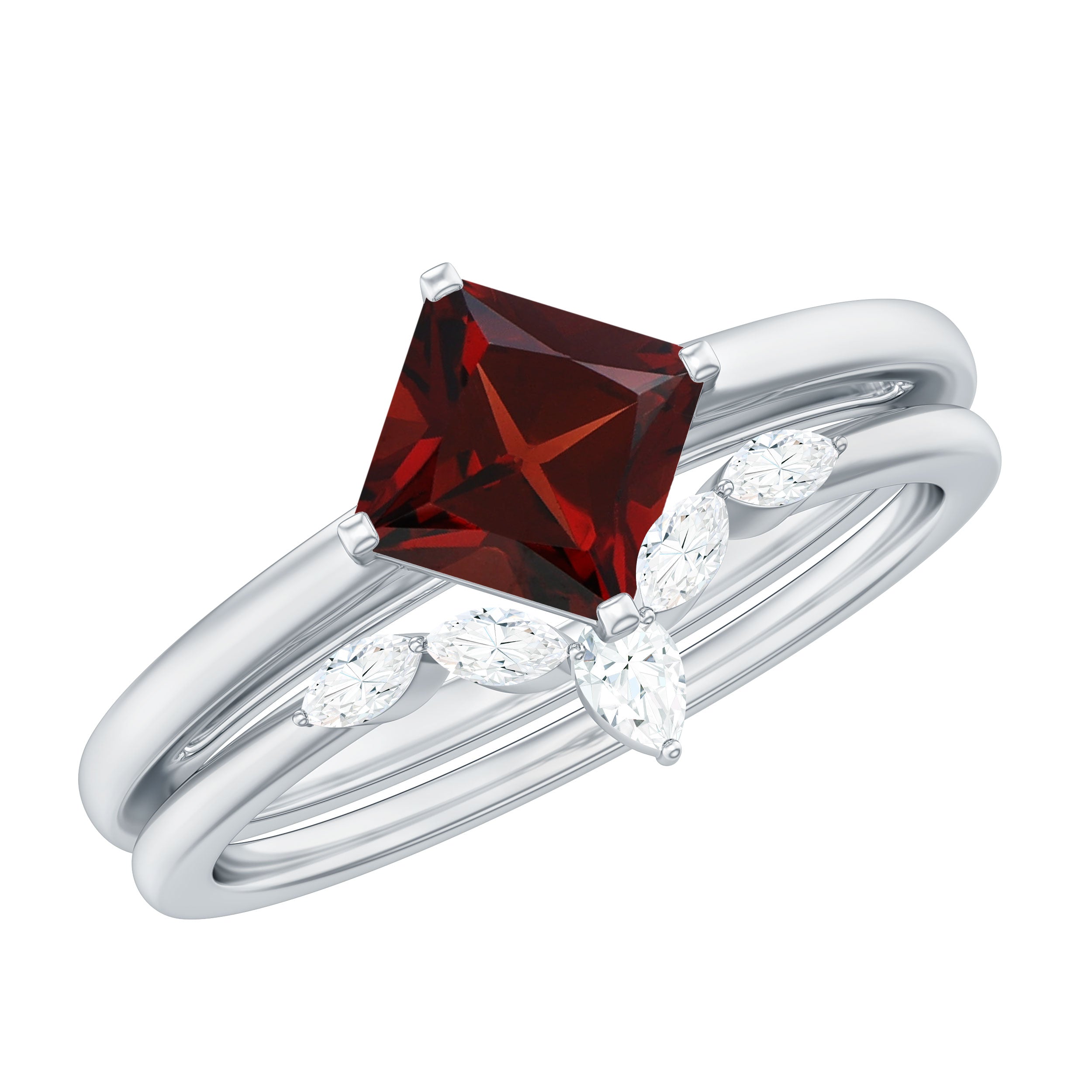 1.4 Carat Princess Cut Garnet Solitaire Bridal Ring Set with Diamonds