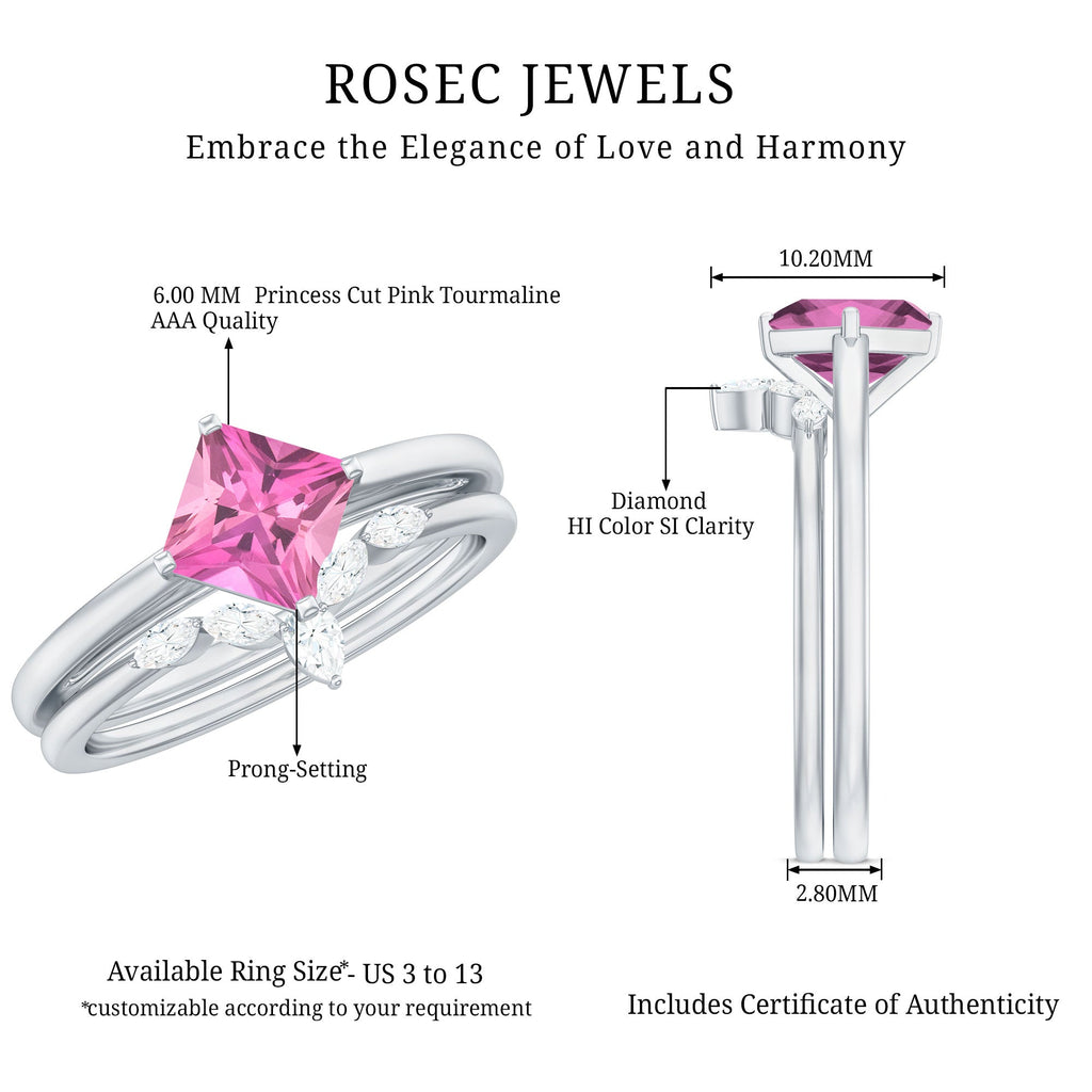 Princess Cut Pink Tourmaline Solitaire Ring Set with Diamond