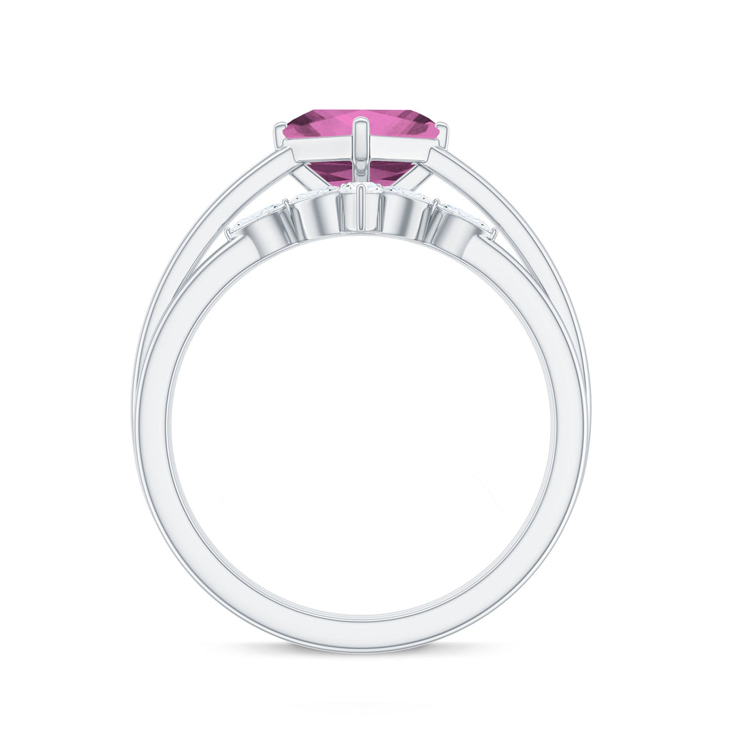 Princess Cut Pink Tourmaline Solitaire Ring Set with Diamond