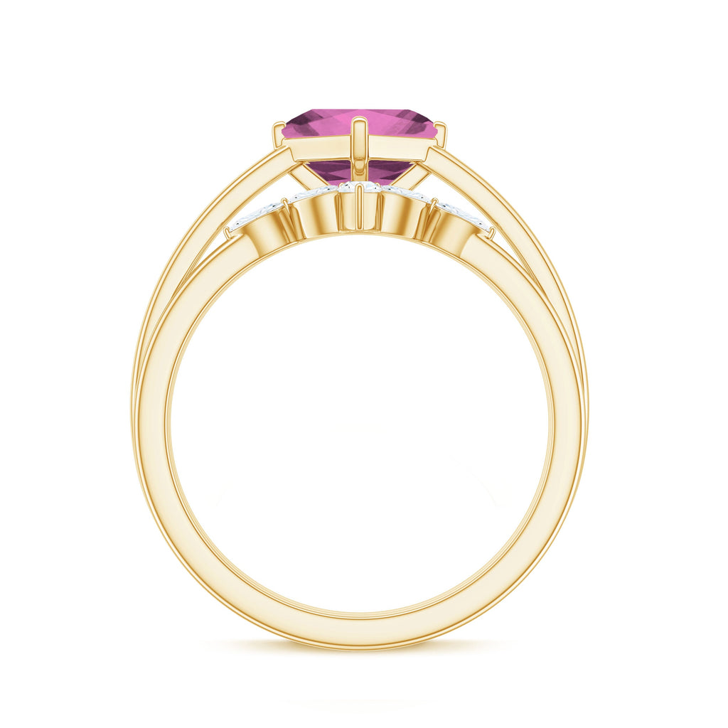 Princess Cut Pink Tourmaline Solitaire Ring Set with Diamond