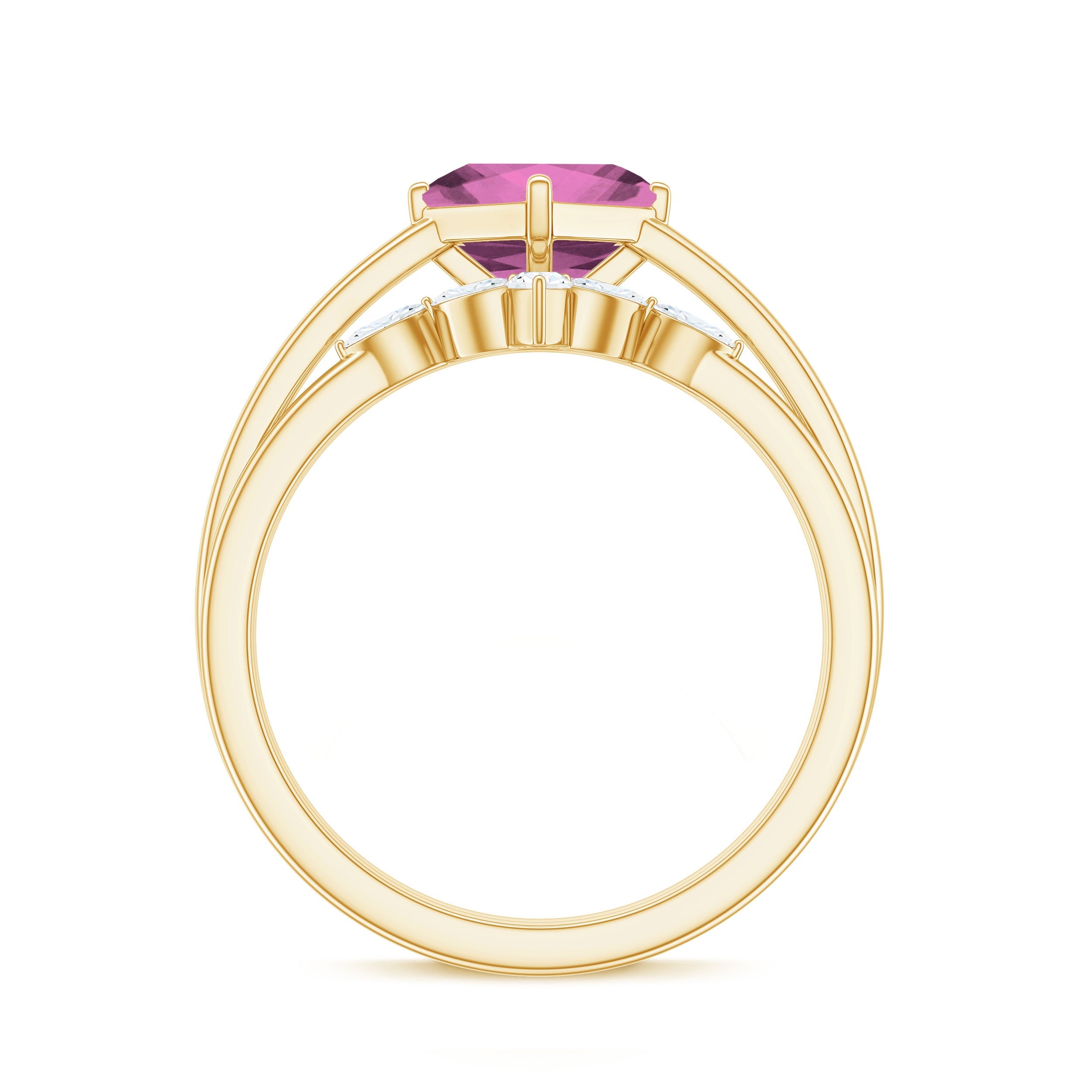 Princess Cut Pink Tourmaline Solitaire Ring Set with Diamond