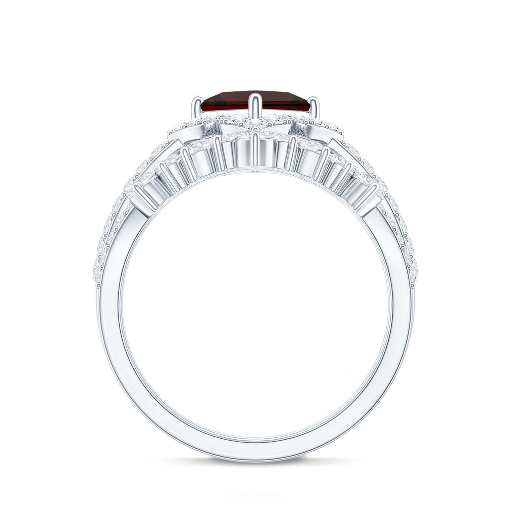 Princess Cut Garnet Designer Wedding Ring Set with Moissanite