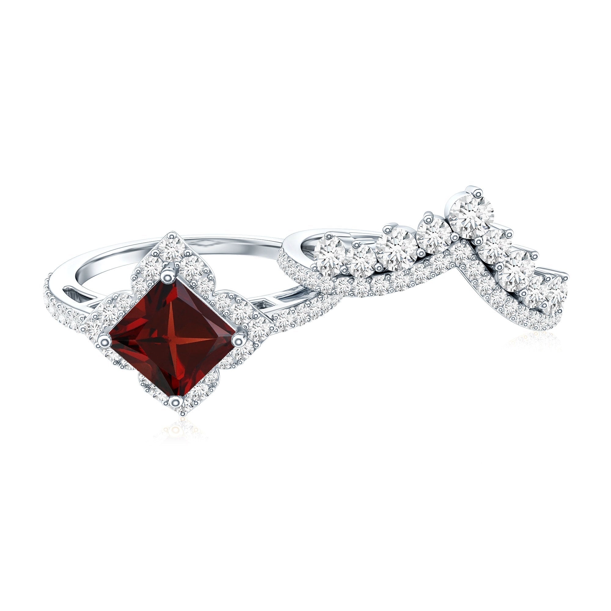 Princess Cut Garnet Designer Wedding Ring Set with Moissanite