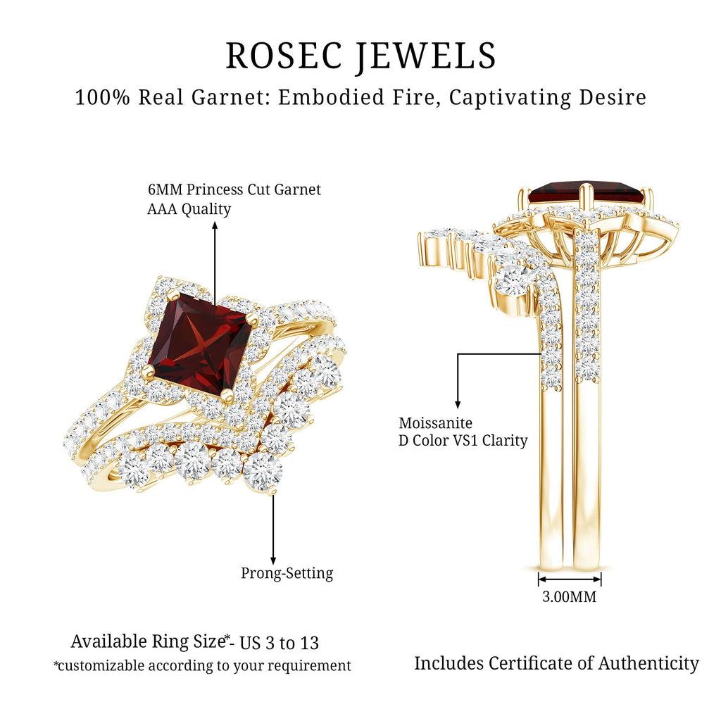 Princess Cut Garnet Designer Wedding Ring Set with Moissanite