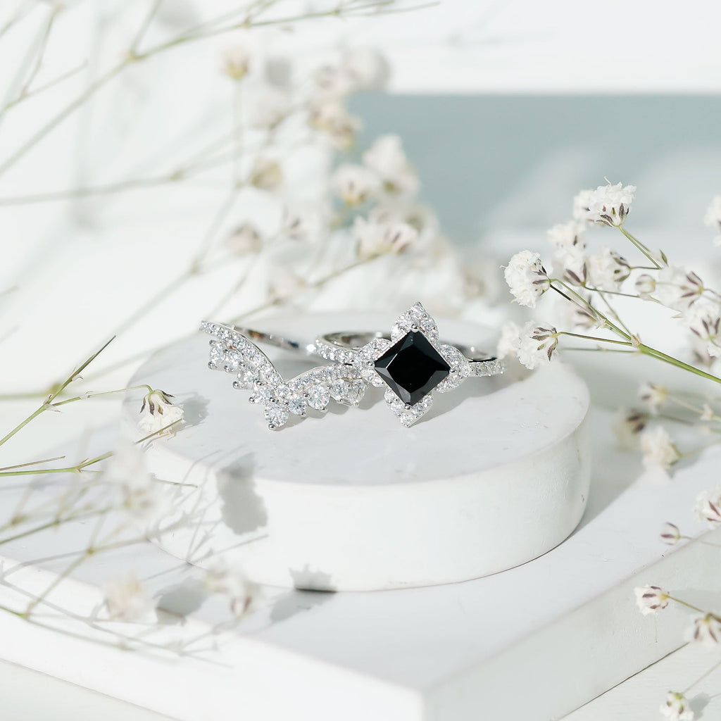 0.5 Carat Black Onyx and Moissanite Statement Wedding Ring Set