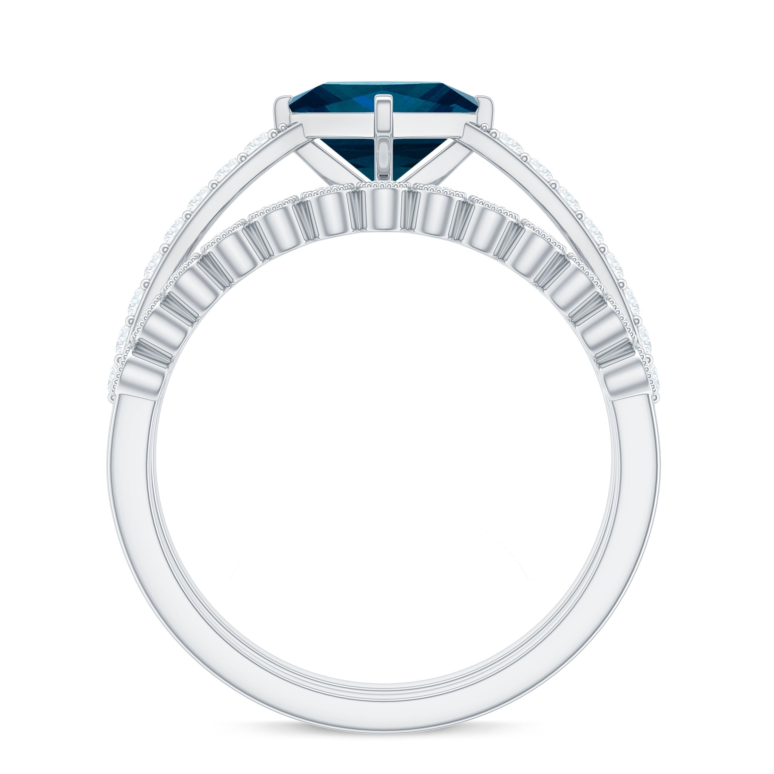 Genuine London Blue Topaz Designer Engagement Ring with Diamond Wedding Band