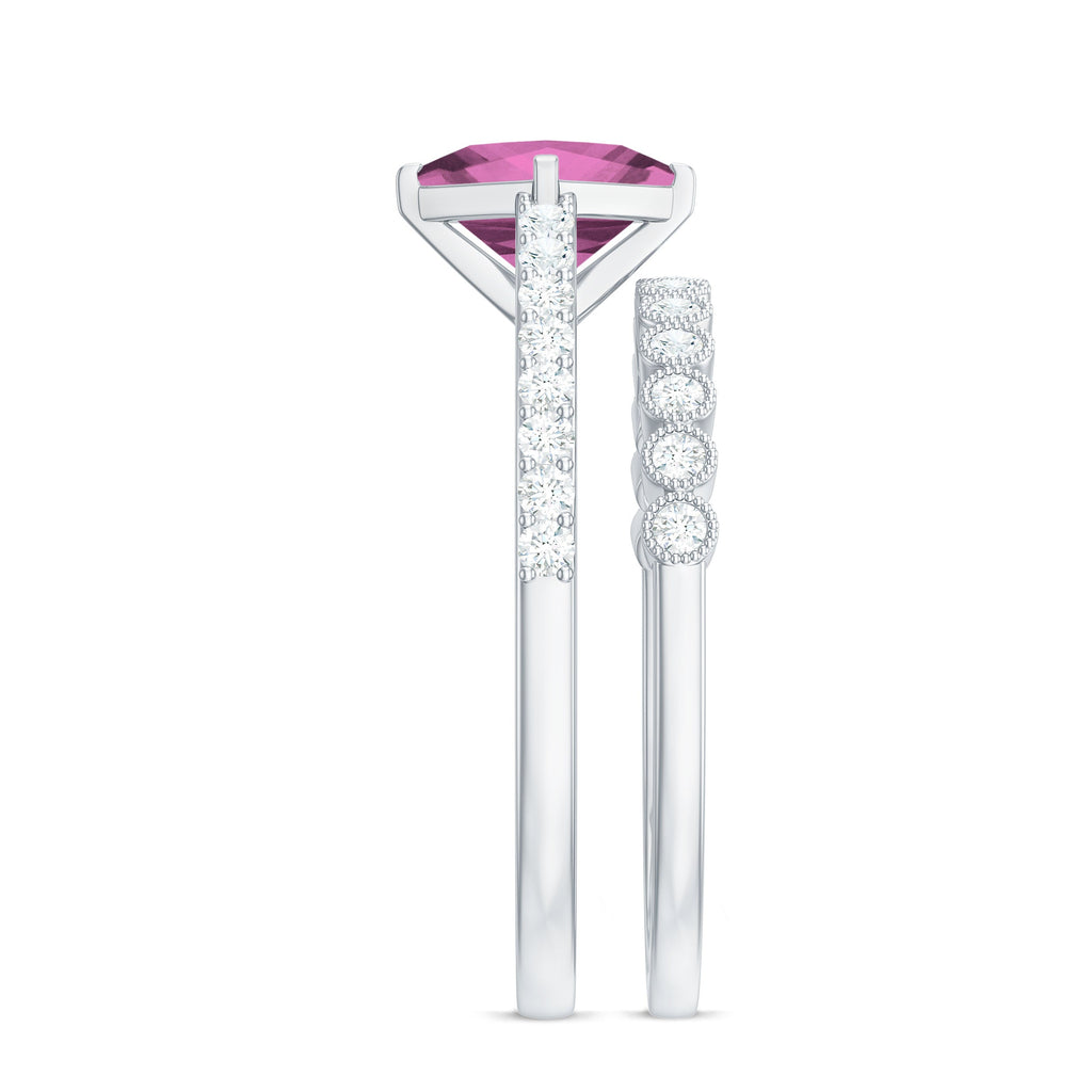 1 Carat Princess Cut Pink Tourmaline Ring with Diamond Wedding Band