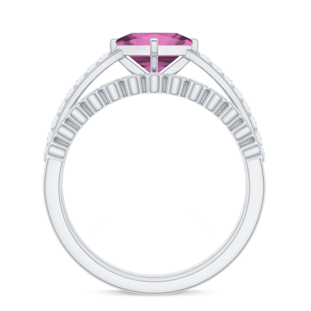 1 Carat Princess Cut Pink Tourmaline Ring with Diamond Wedding Band