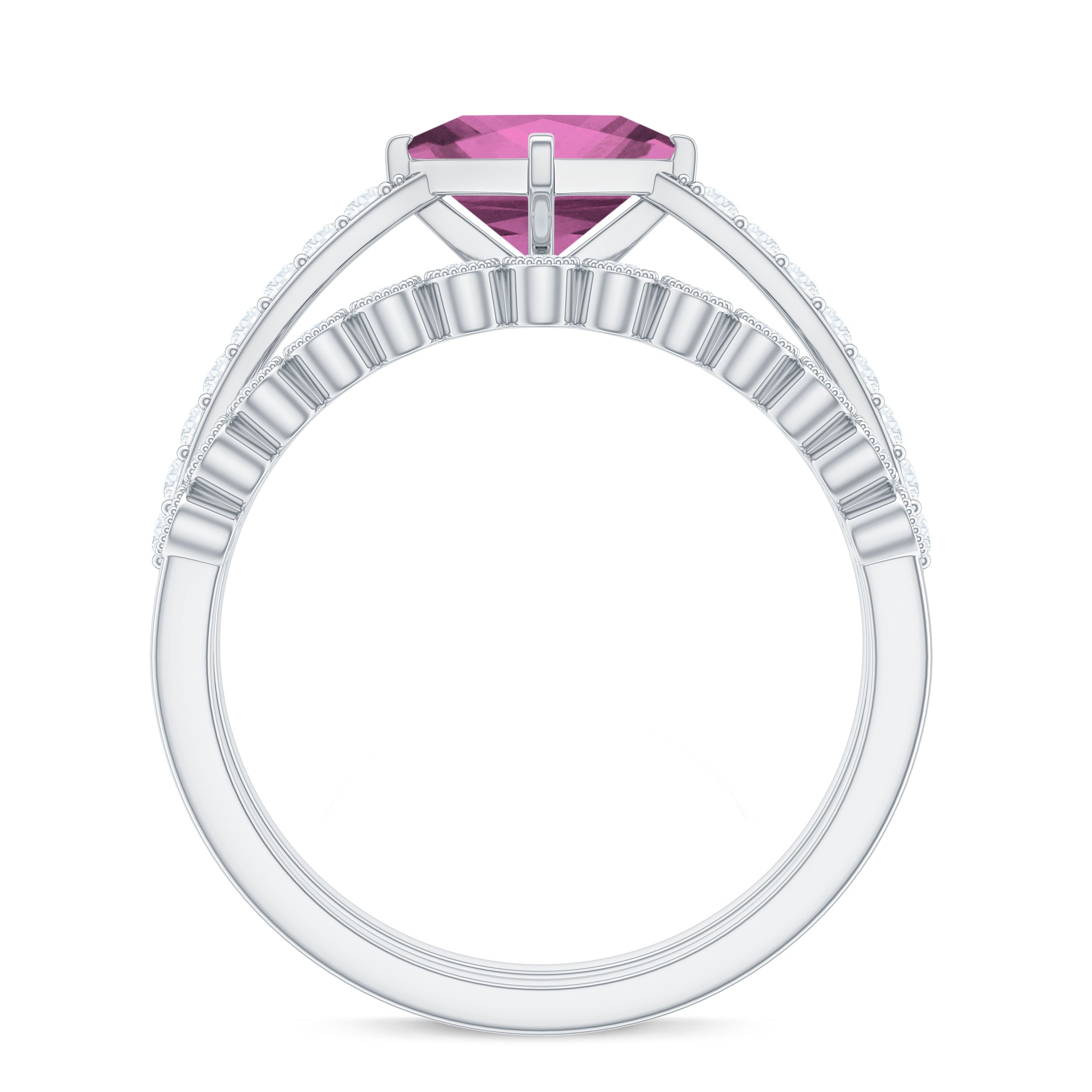 1 Carat Princess Cut Pink Tourmaline Ring with Diamond Wedding Band