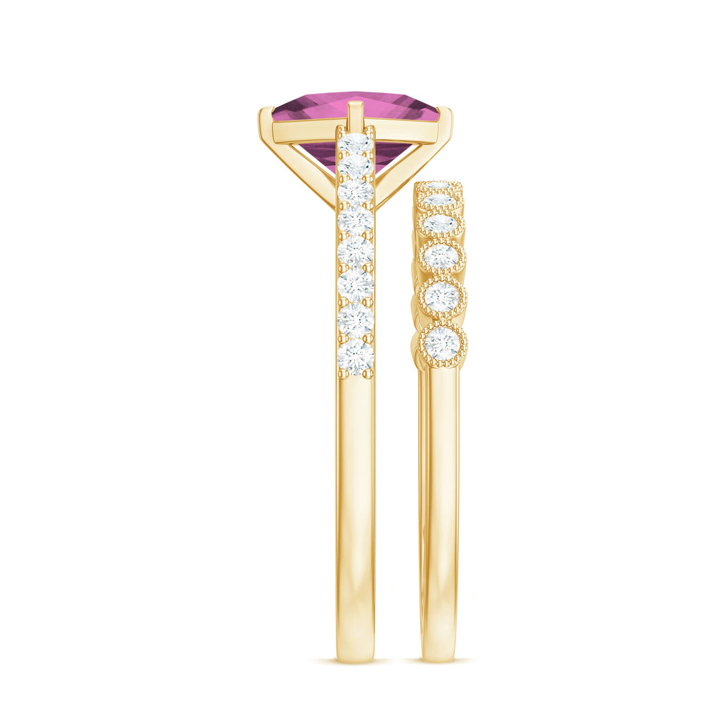 1 Carat Princess Cut Pink Tourmaline Ring with Diamond Wedding Band