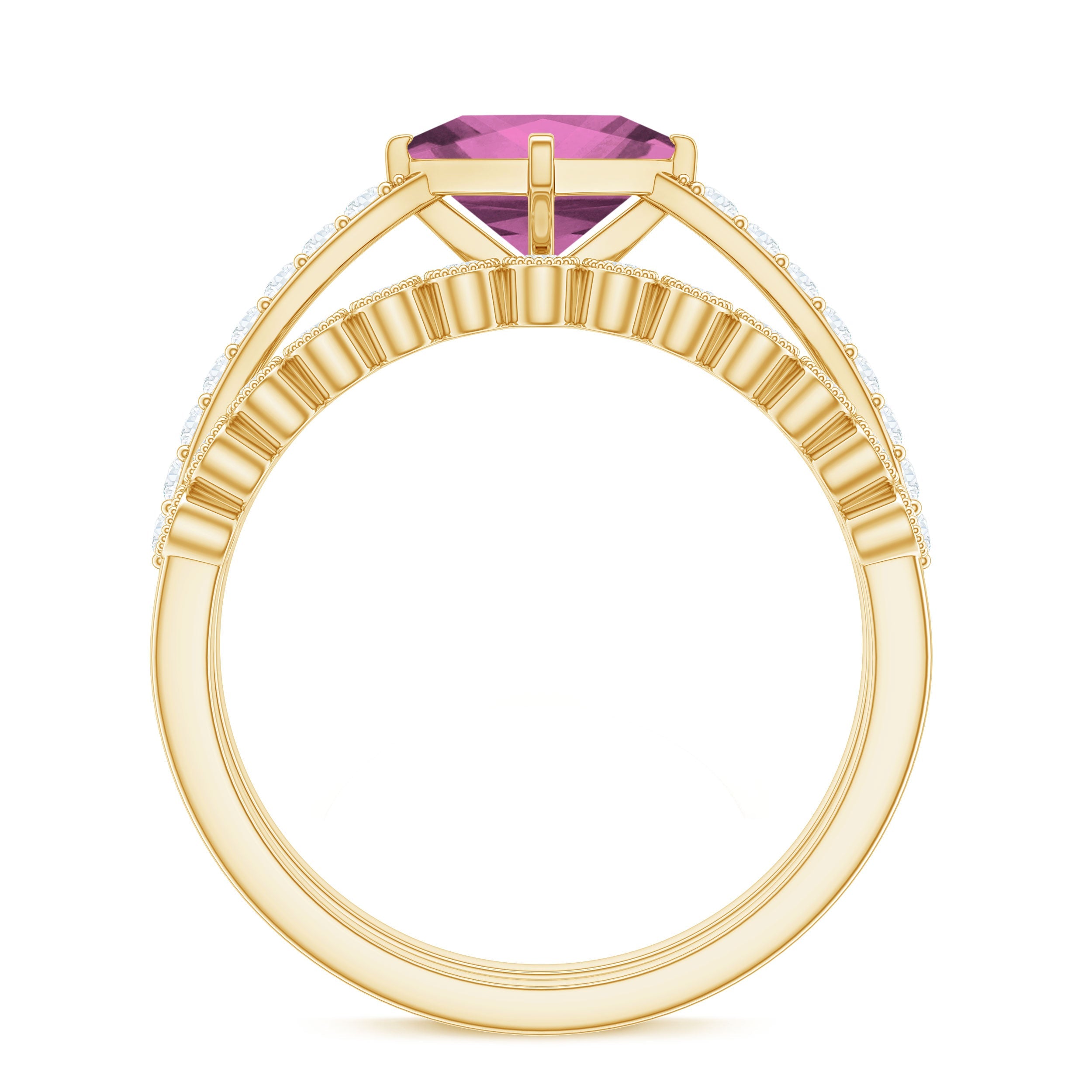 1 Carat Princess Cut Pink Tourmaline Ring with Diamond Wedding Band