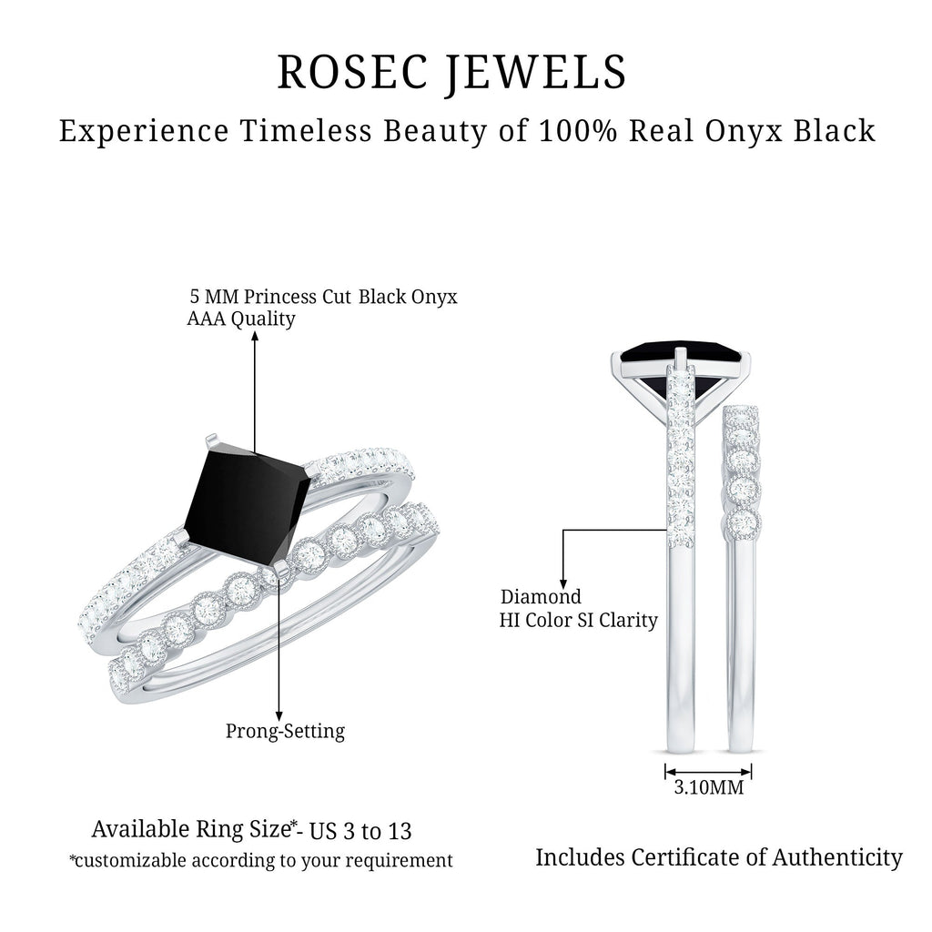 0.5 Carat Princess Cut Black Onyx Wedding Ring Set with Diamond Band