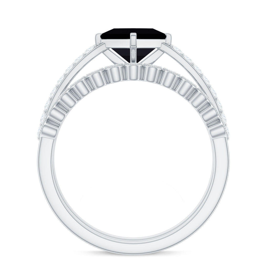 0.5 Carat Princess Cut Black Onyx Wedding Ring Set with Diamond Band
