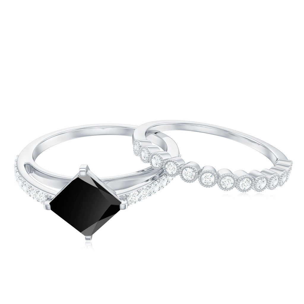 0.5 Carat Princess Cut Black Onyx Wedding Ring Set with Diamond Band