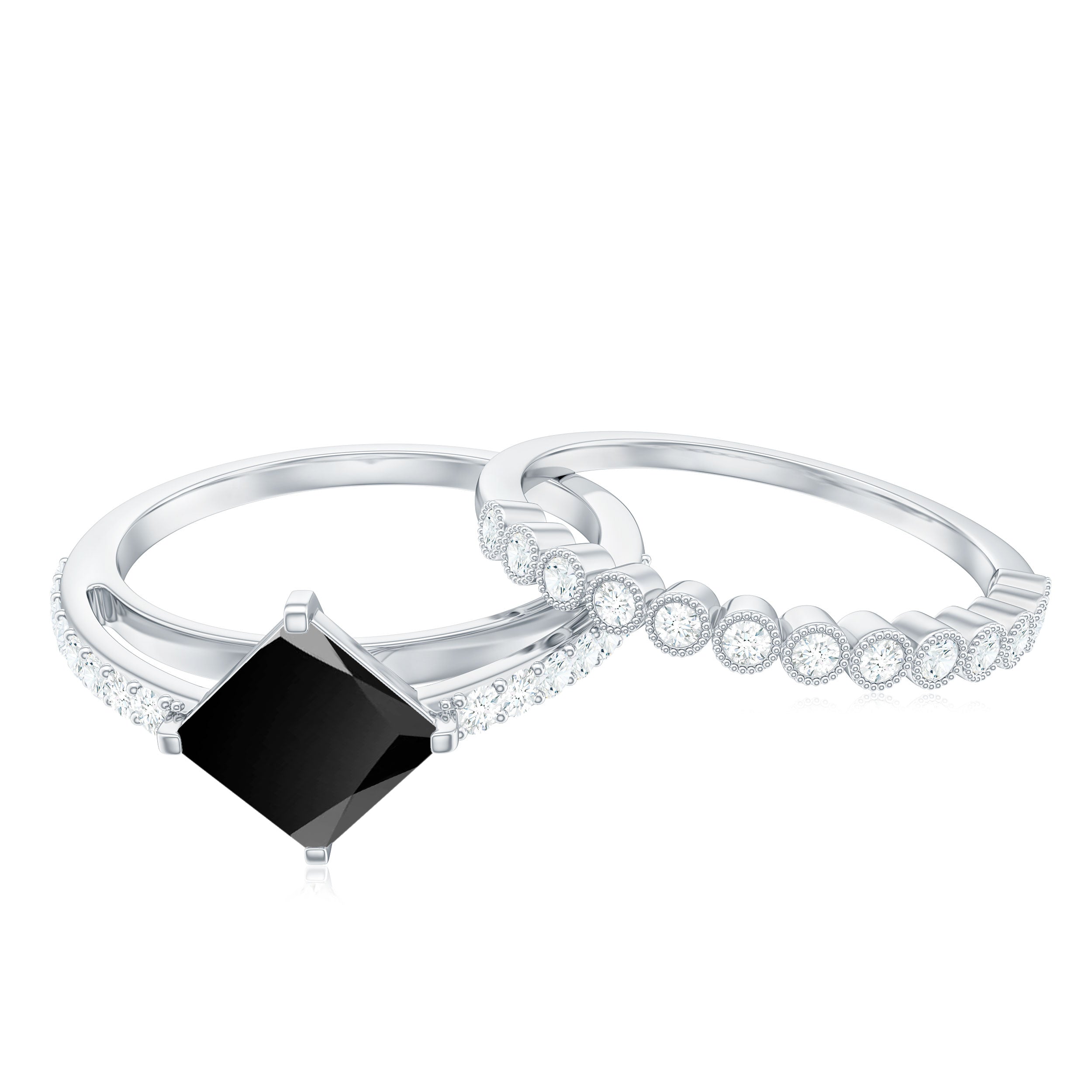 0.5 Carat Princess Cut Black Onyx Wedding Ring Set with Diamond Band