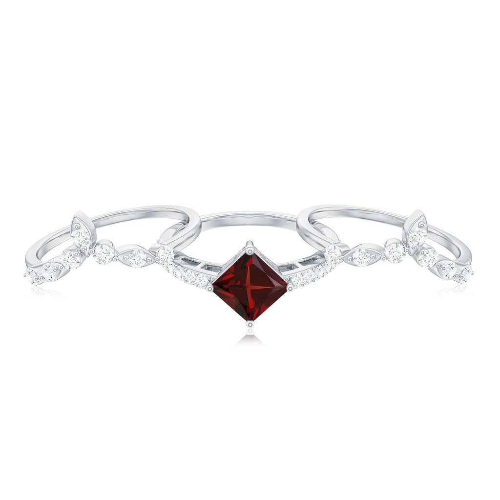 1.4 Carat Vintage Looking Princess Cut Garnet and Diamond 3 Piece Wedding Ring Set