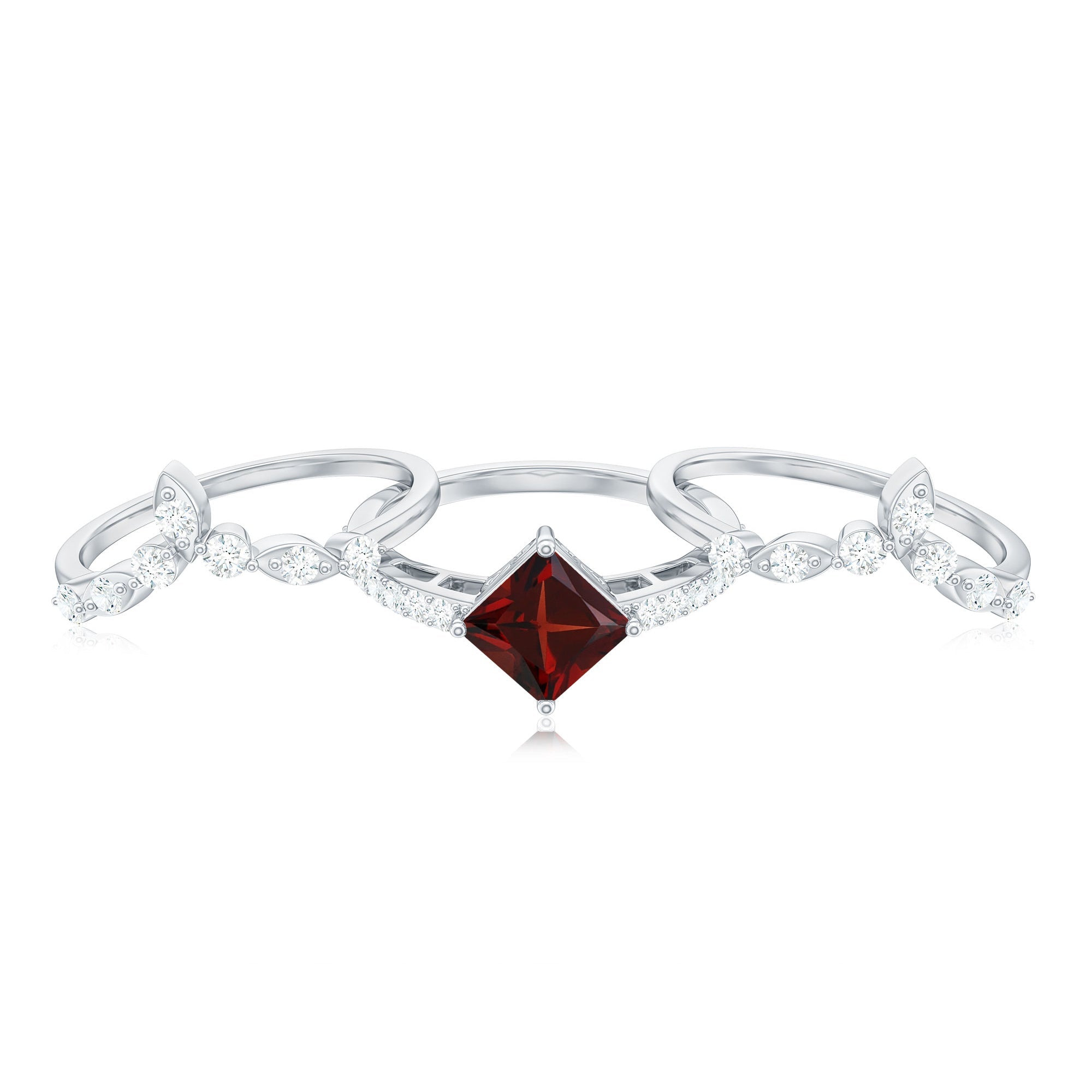 1.4 Carat Vintage Looking Princess Cut Garnet and Diamond 3 Piece Wedding Ring Set