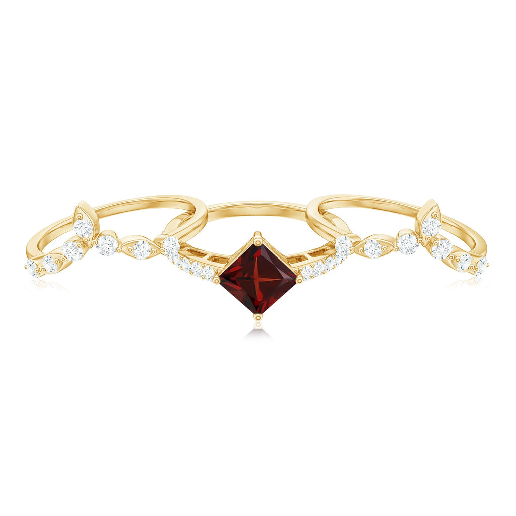 1.4 Carat Vintage Looking Princess Cut Garnet and Diamond 3 Piece Wedding Ring Set
