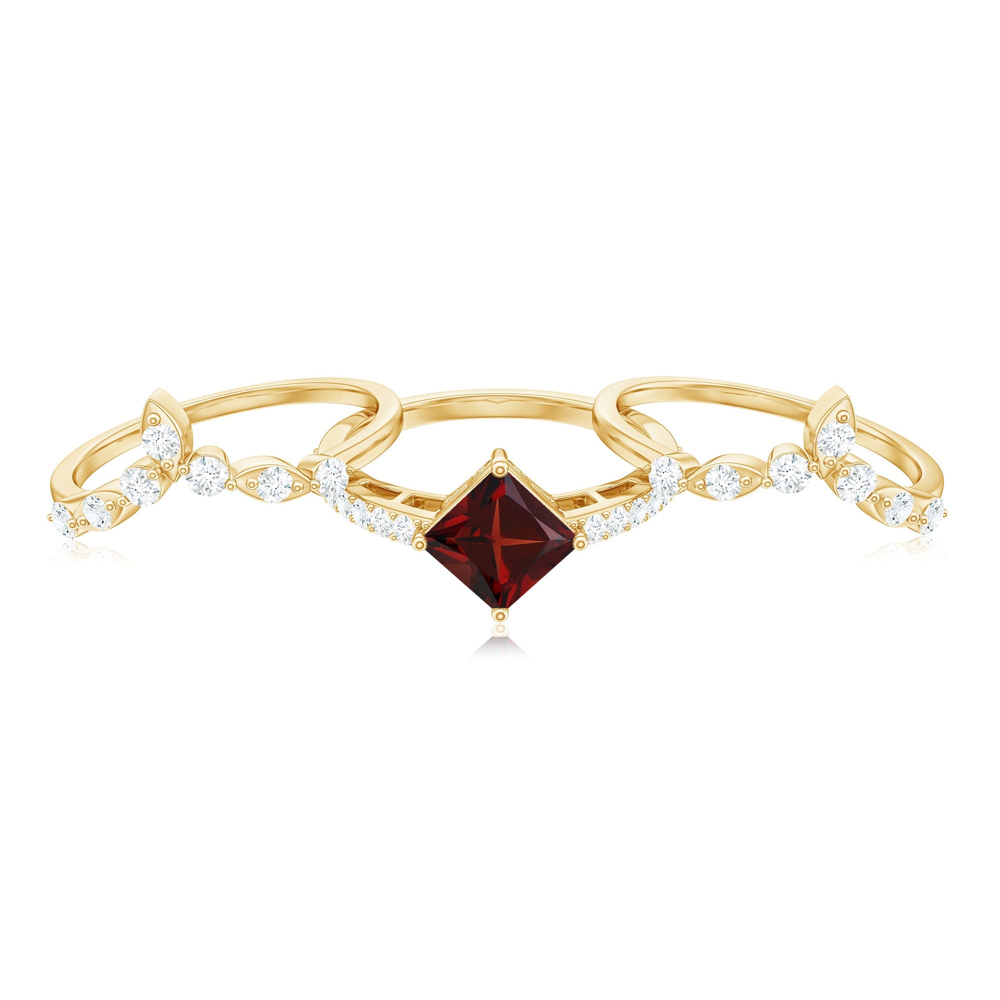 1.4 Carat Vintage Looking Princess Cut Garnet and Diamond 3 Piece Wedding Ring Set