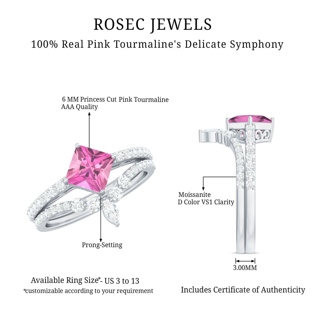 1 Carat Princess Cut Pink tourmaline and Diamond Wedding Ring Set for Women
