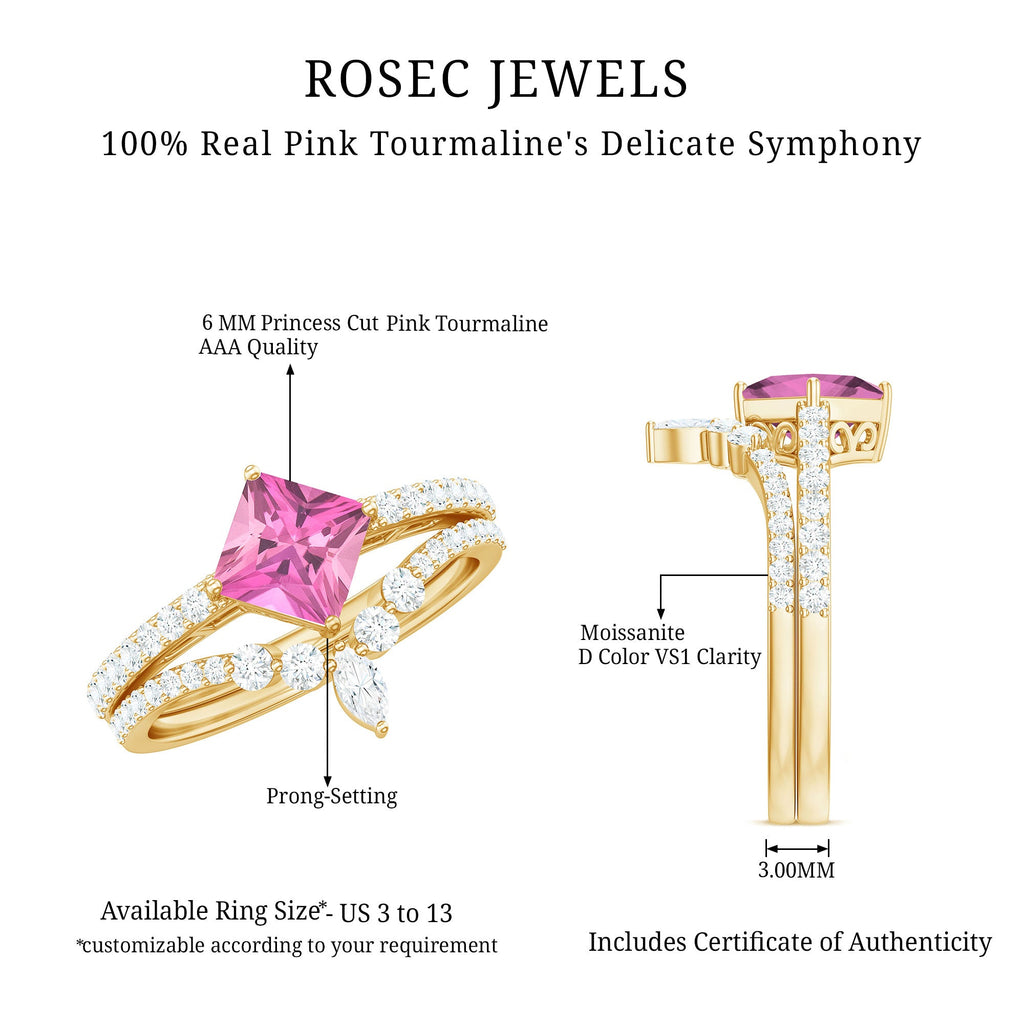 1 Carat Princess Cut Pink tourmaline and Diamond Wedding Ring Set for Women