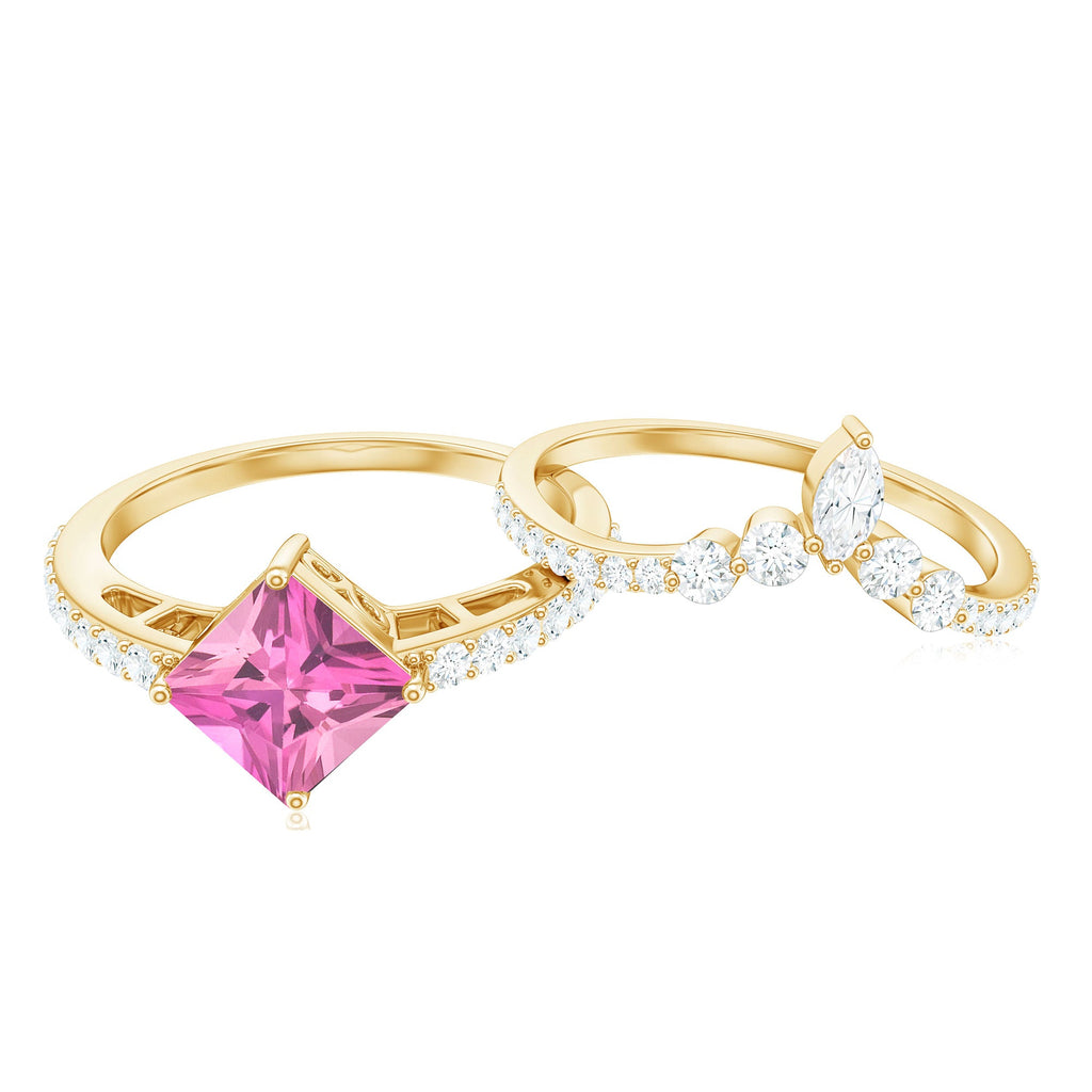 1 Carat Princess Cut Pink tourmaline and Diamond Wedding Ring Set for Women