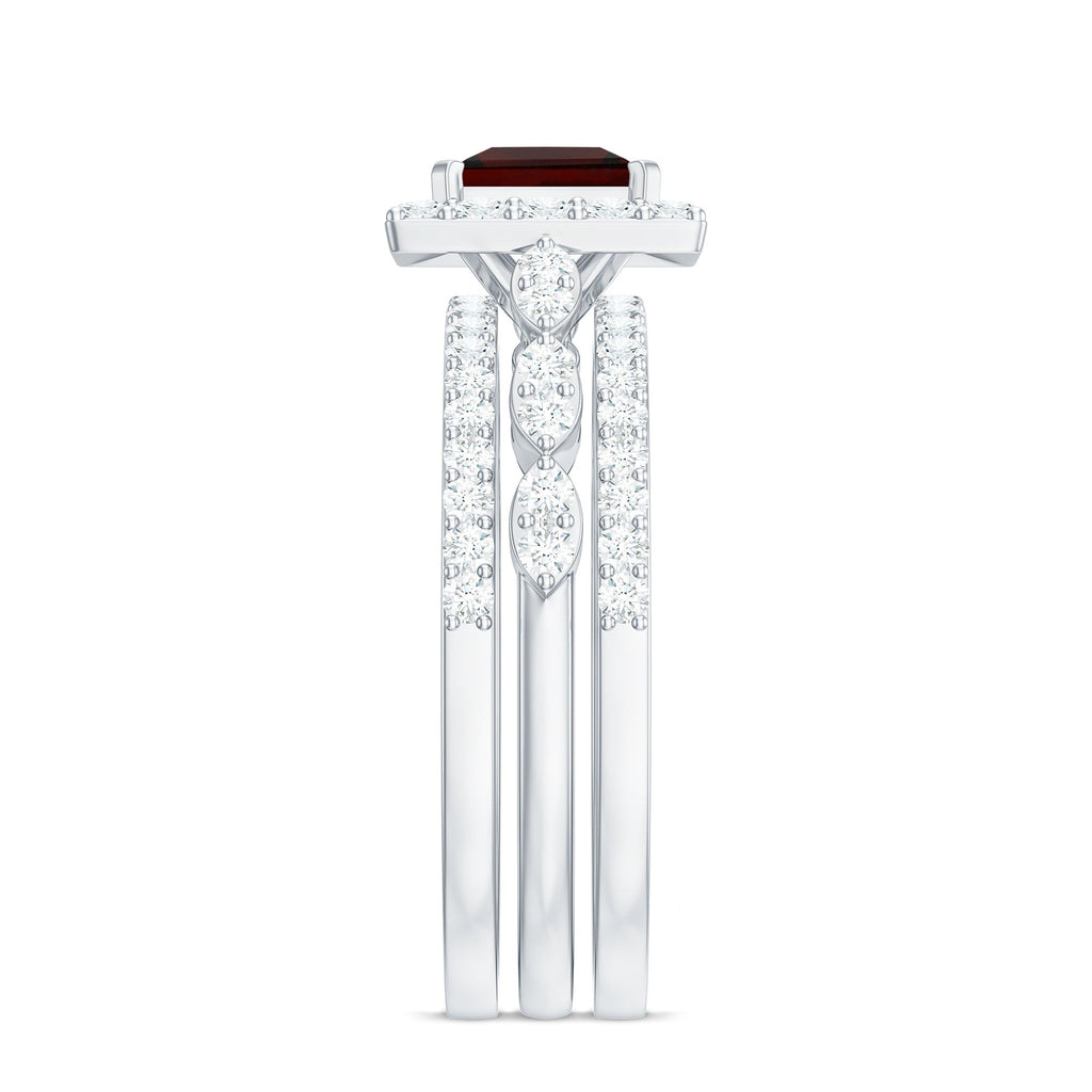 Genuine 1.4 Carat Princess Cut Garnet 3 Piece Bridal Ring Set with Moissanite