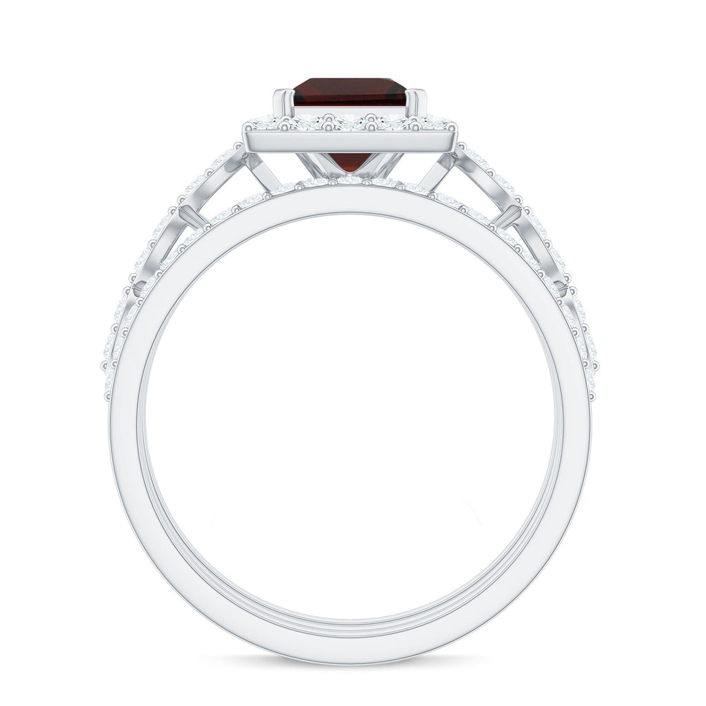 Genuine 1.4 Carat Princess Cut Garnet 3 Piece Bridal Ring Set with Moissanite