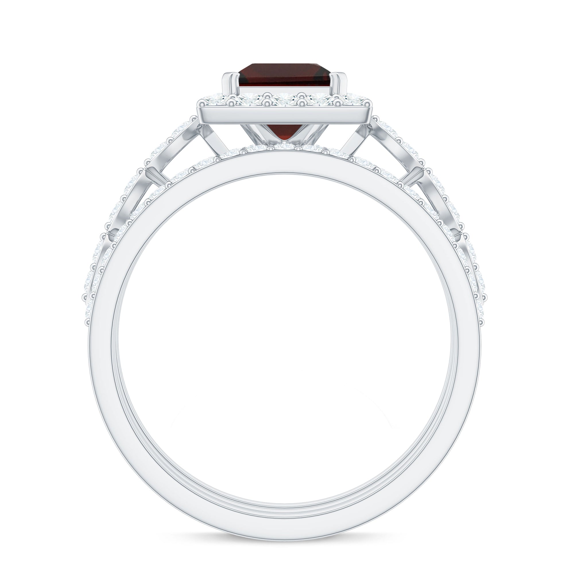 Genuine 1.4 Carat Princess Cut Garnet 3 Piece Bridal Ring Set with Moissanite