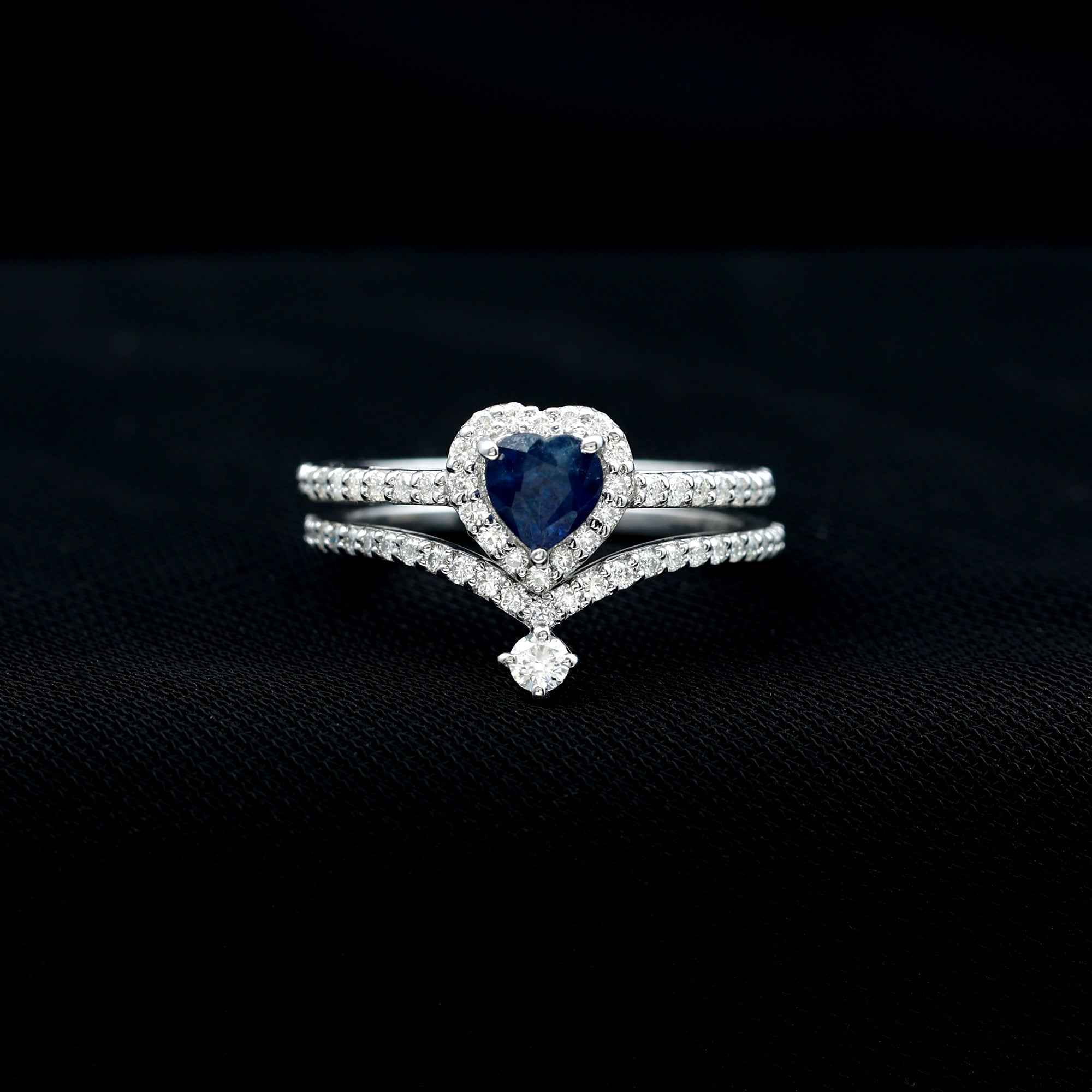 Real Heart Shape Blue Sapphire and Diamond Halo Wedding Ring Set