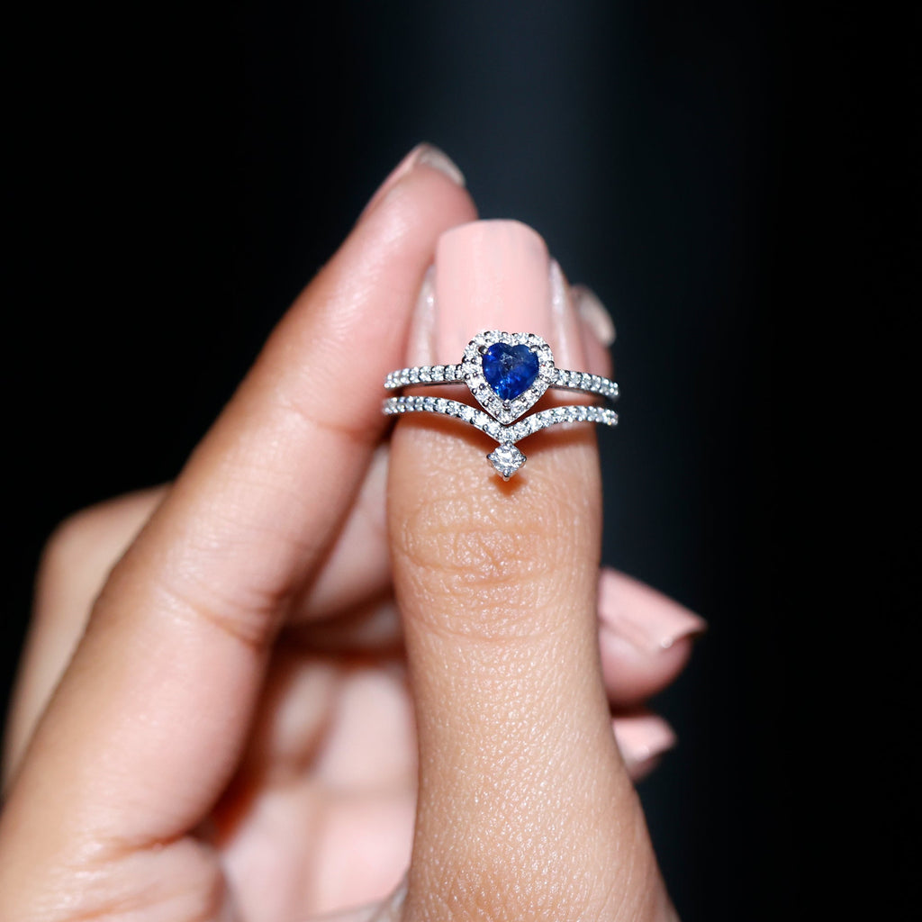 Real Heart Shape Blue Sapphire and Diamond Halo Wedding Ring Set