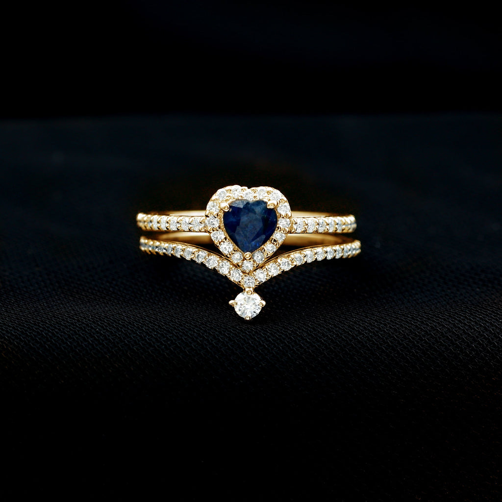 Real Heart Shape Blue Sapphire and Diamond Halo Wedding Ring Set